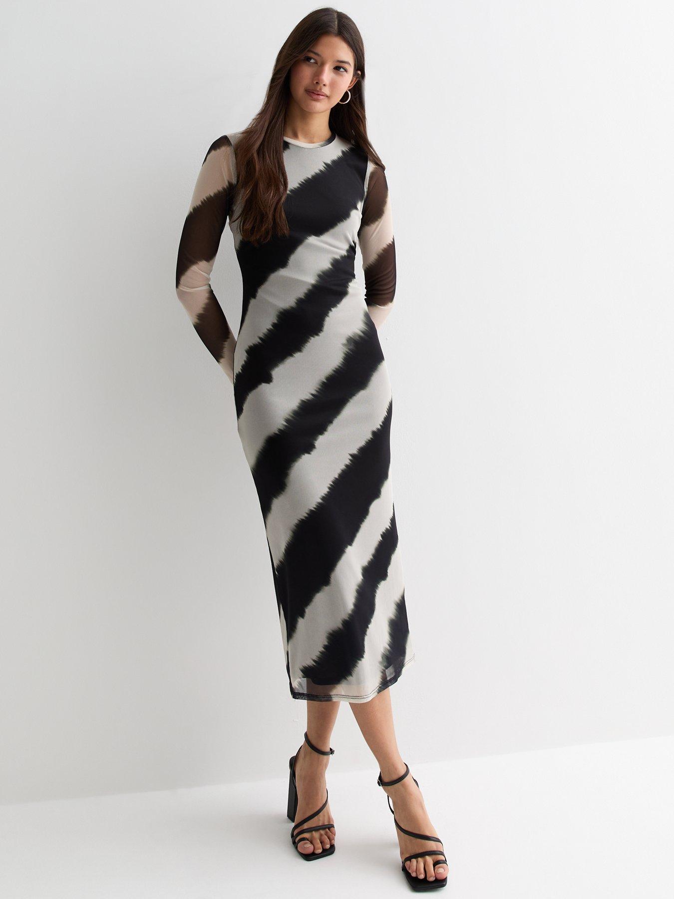 Black Diagonal Stripe Mesh Bodycon Midi Dress