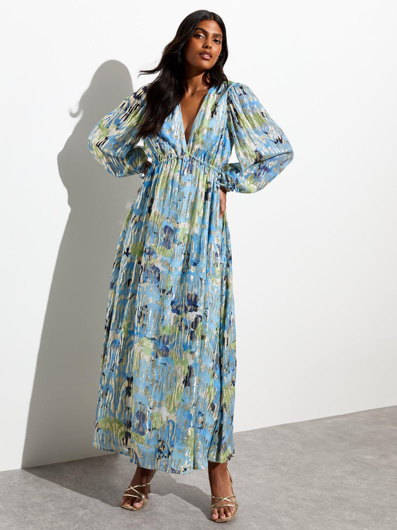 Blue Floral Foil V Neck Long Sleeve Maxi Dress