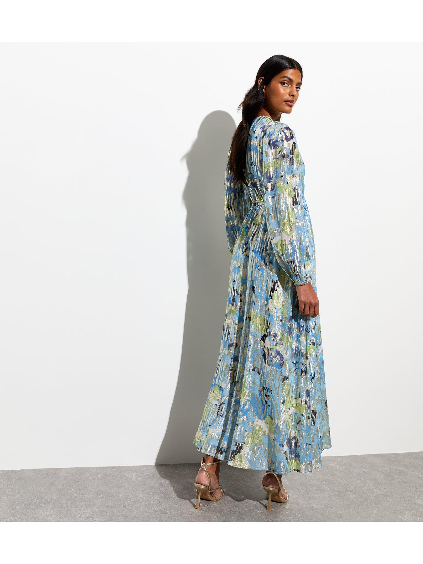 Blue Floral Foil V Neck Long Sleeve Maxi Dress