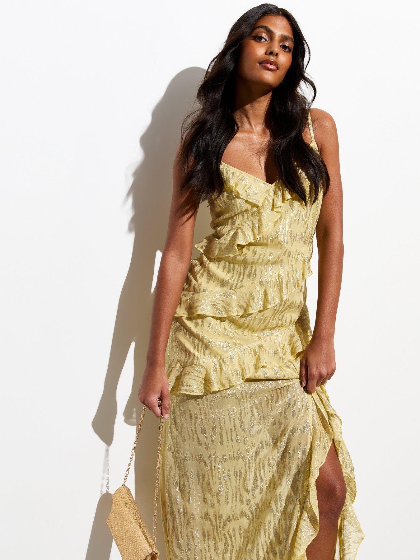 New Look Gold Strappy Ruffle Split Hem Maxi Dress Very