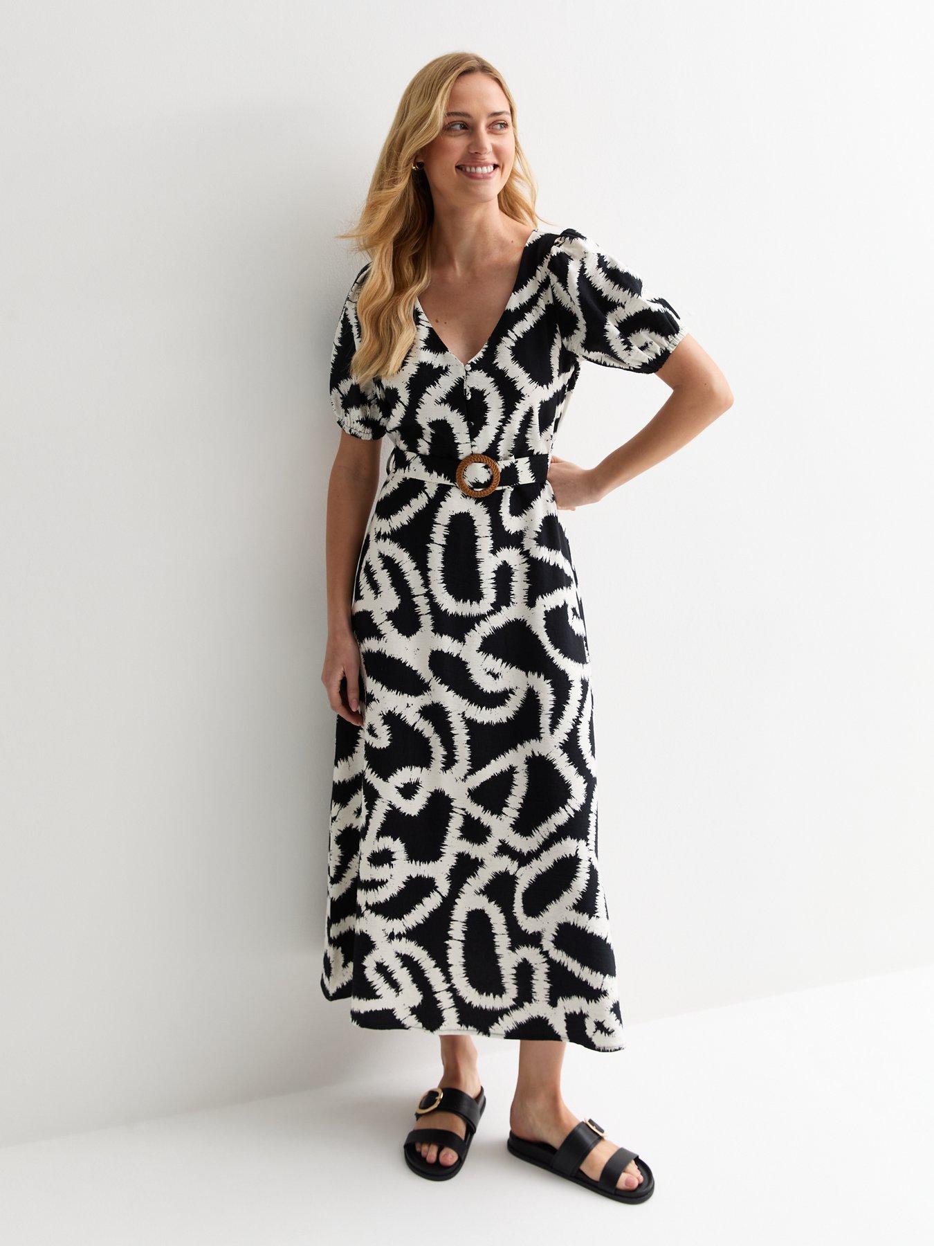 new look black abstract print v neck belted midi dress
