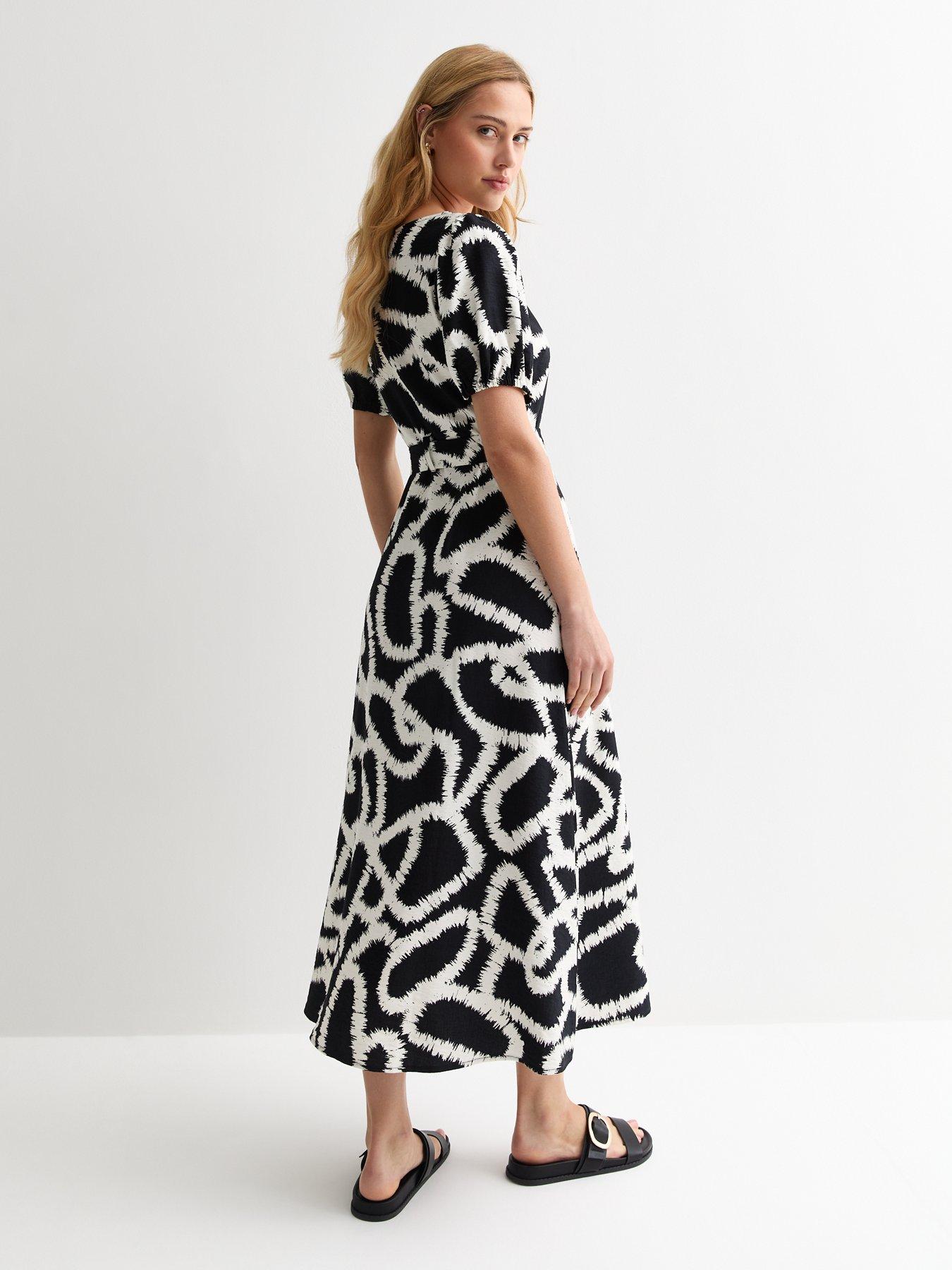 New Look Black Abstract Print V Neck Belted Midi Dress | Very.co.uk
