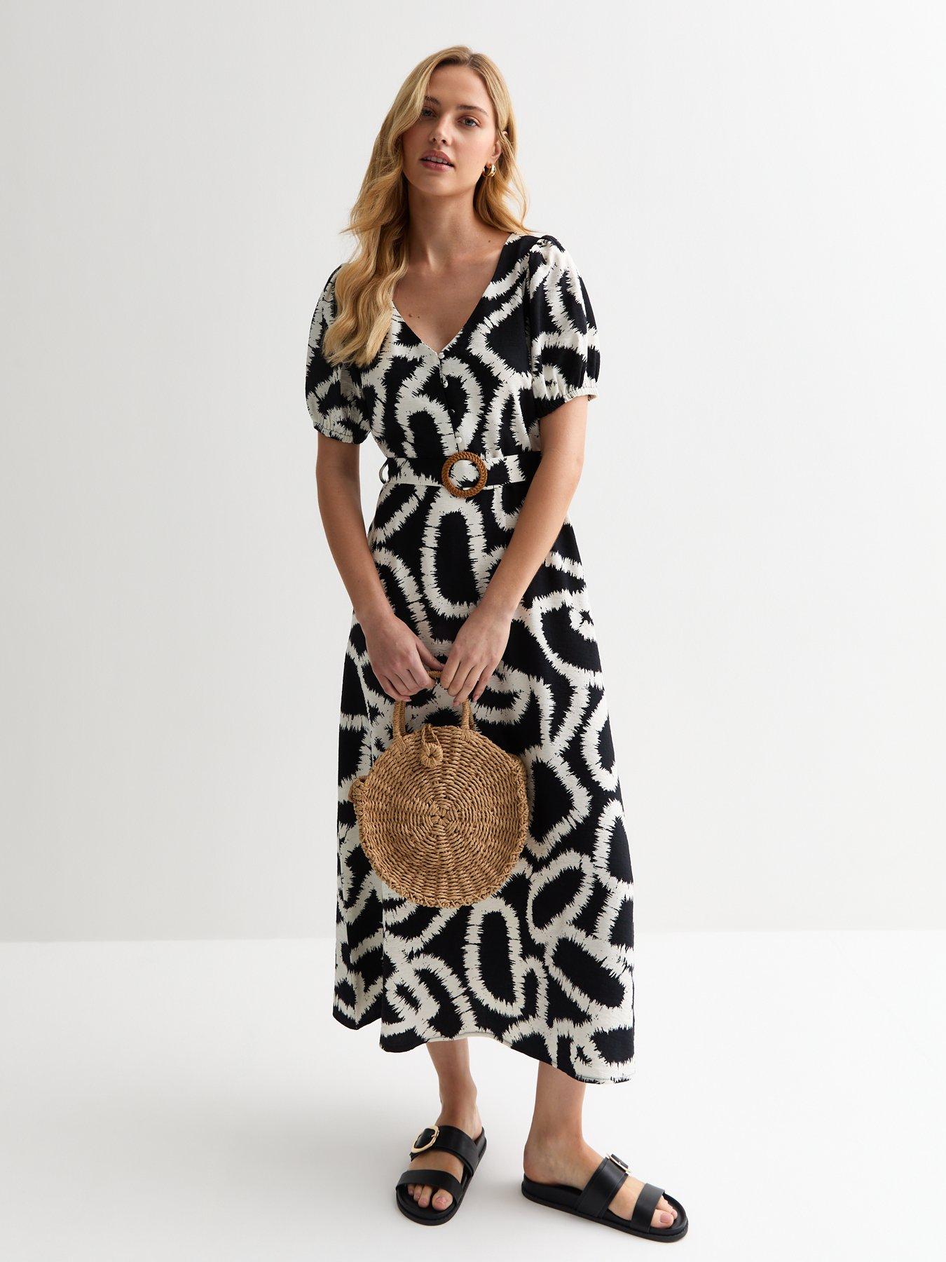 New Look Black Abstract Print V Neck Belted Midi Dress | Very.co.uk