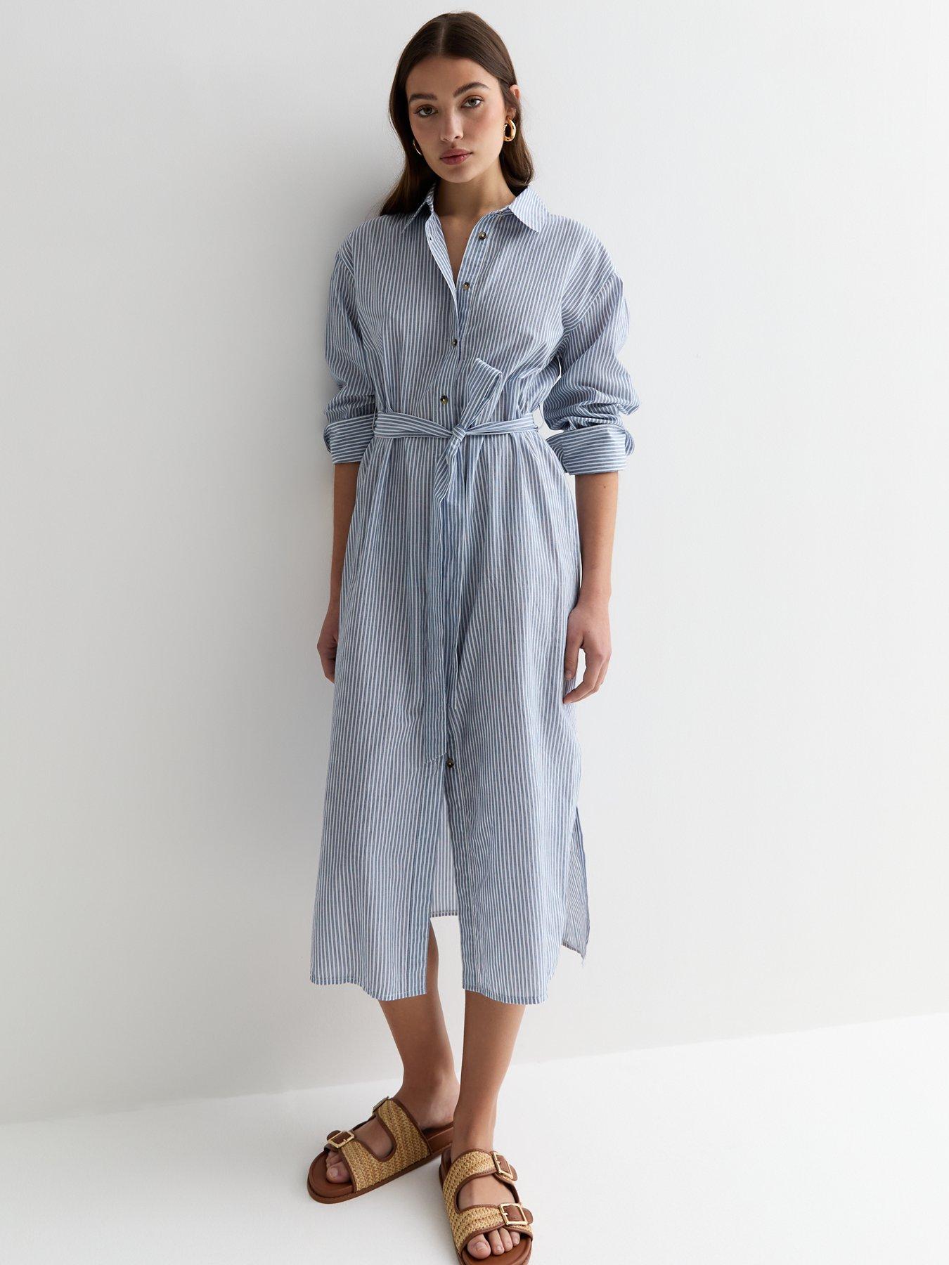 New Look Blue Stripe Poplin Long Sleeve Belted Midi Shirt Dress Very