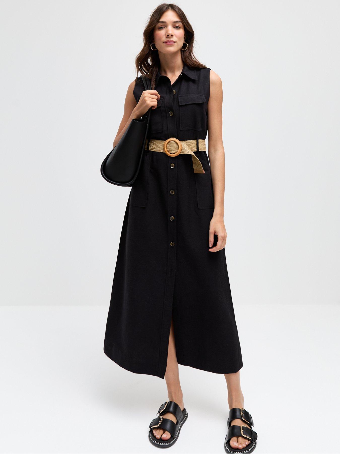 Black Belted Utility Midi Shirt Dress