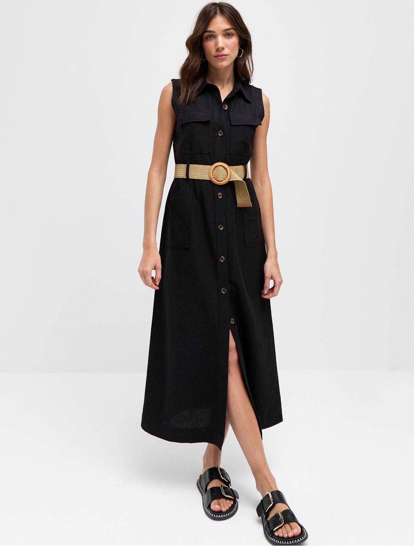 Black Belted Utility Midi Shirt Dress