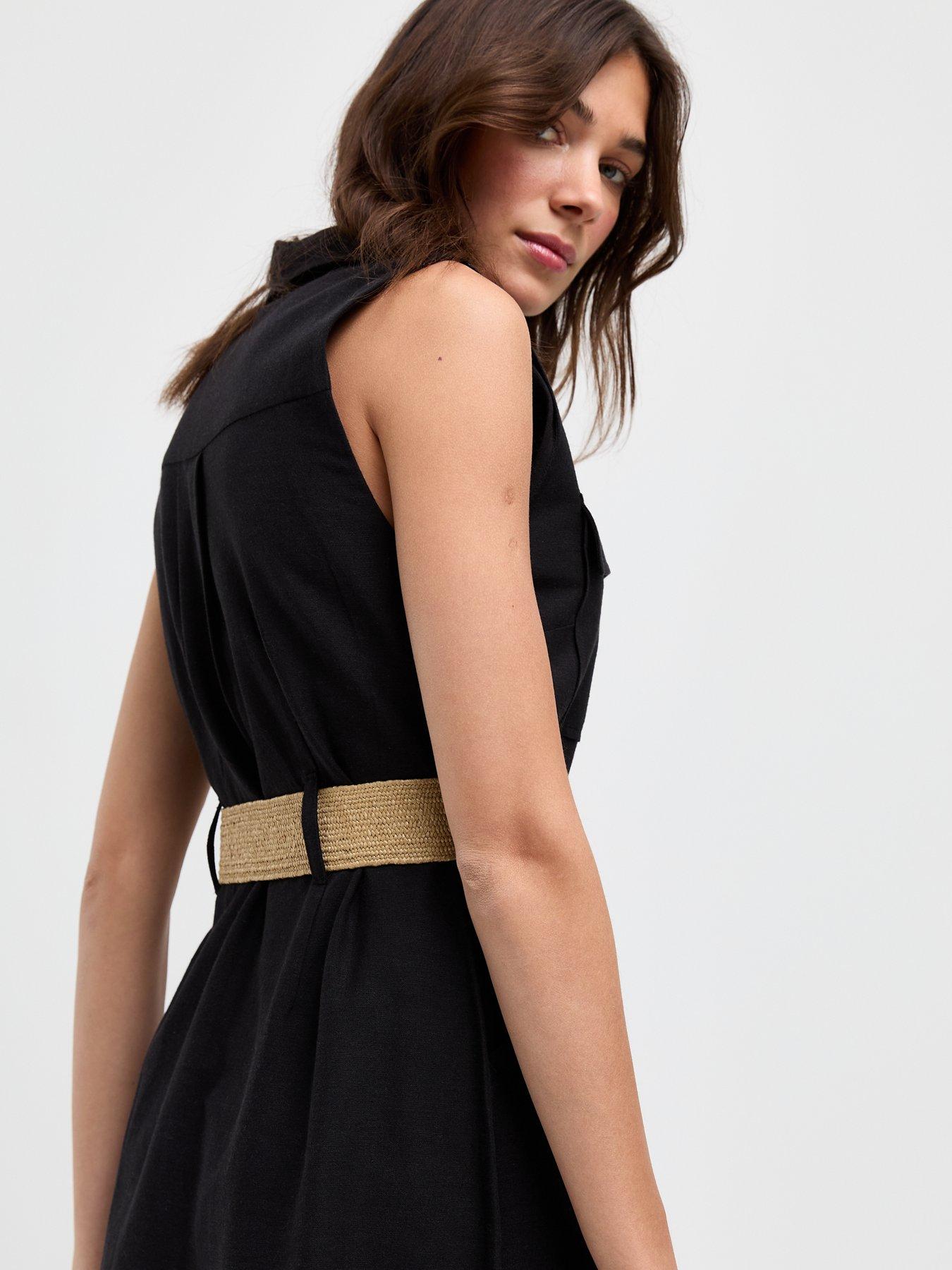 Black Belted Utility Midi Shirt Dress