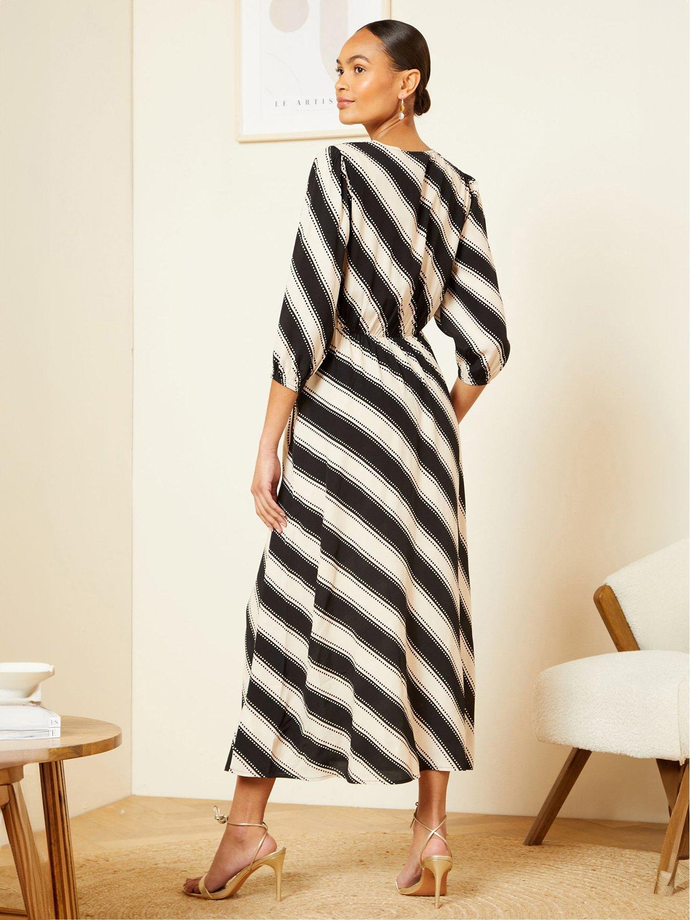 Love Roses Stripe Twist Front Midi Dress Black White Very