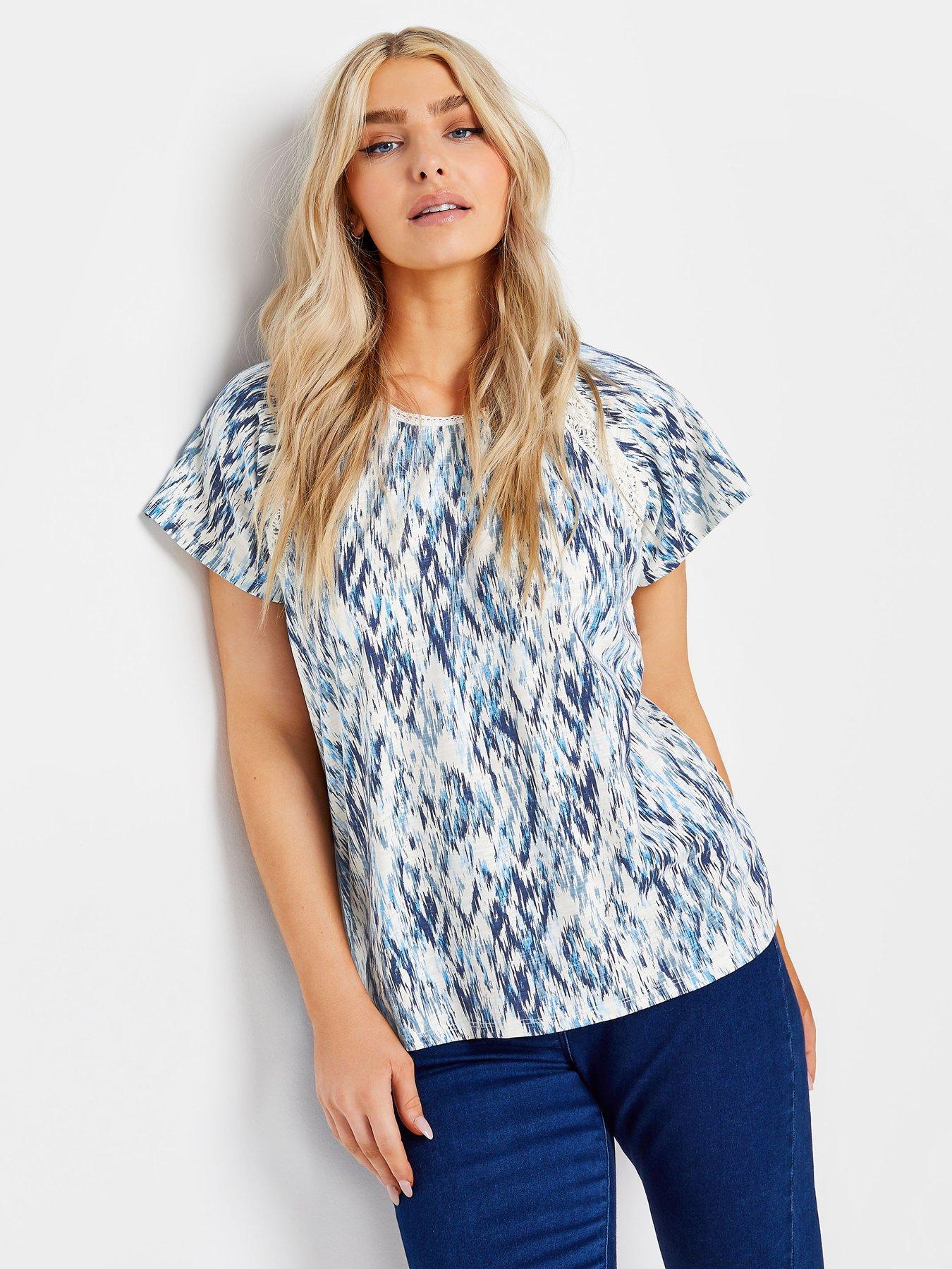 undefined Blue Aztec Insert Lace Trim Cotton Top