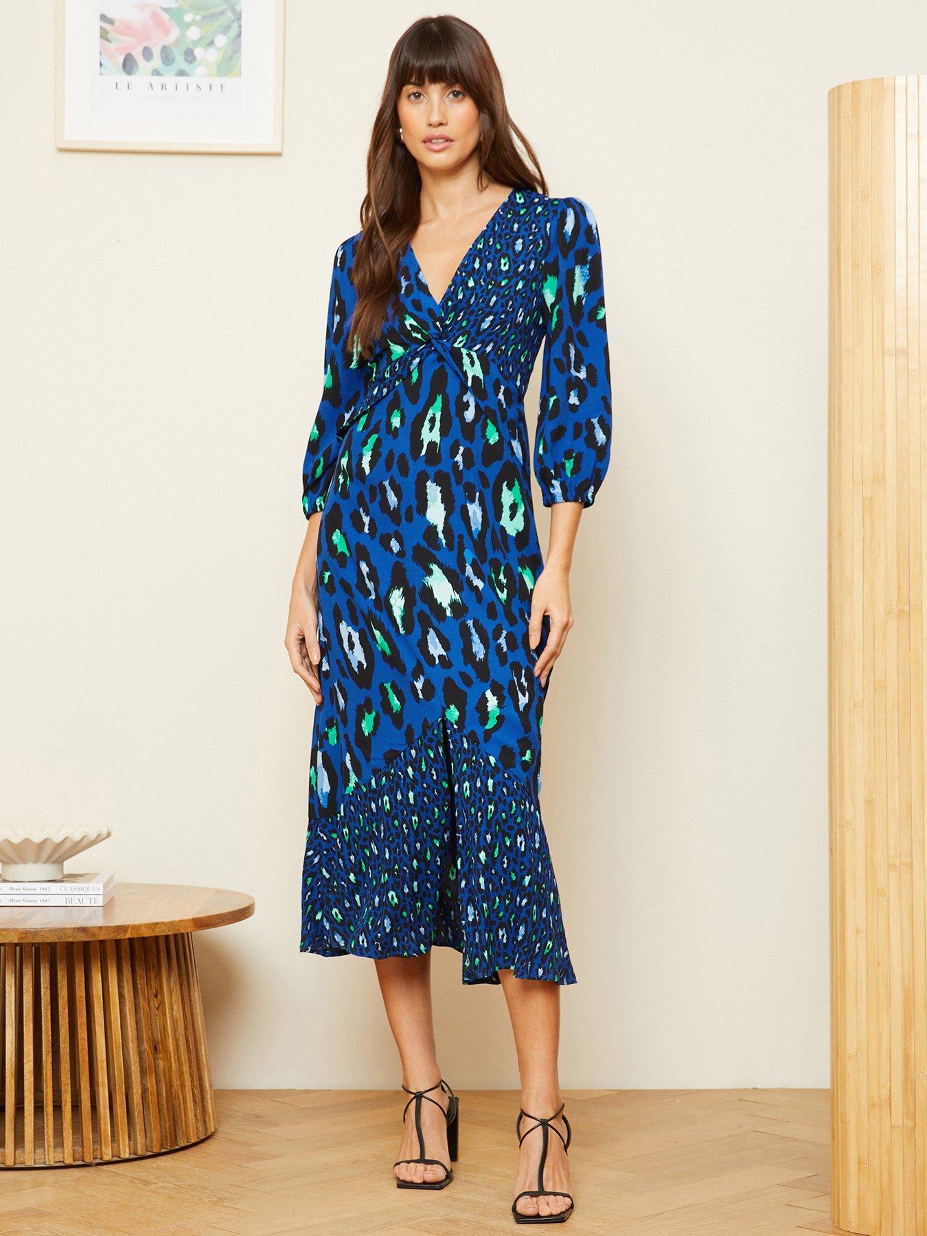 undefined Blue Animal Moss Crepe Twist Dress-blue