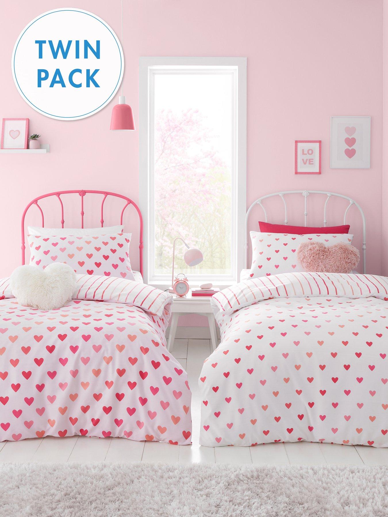 Product photograph of Catherine Lansfield Hearts And Stripes Duvet Cover Set Twin Pack - Pink from very.co.uk