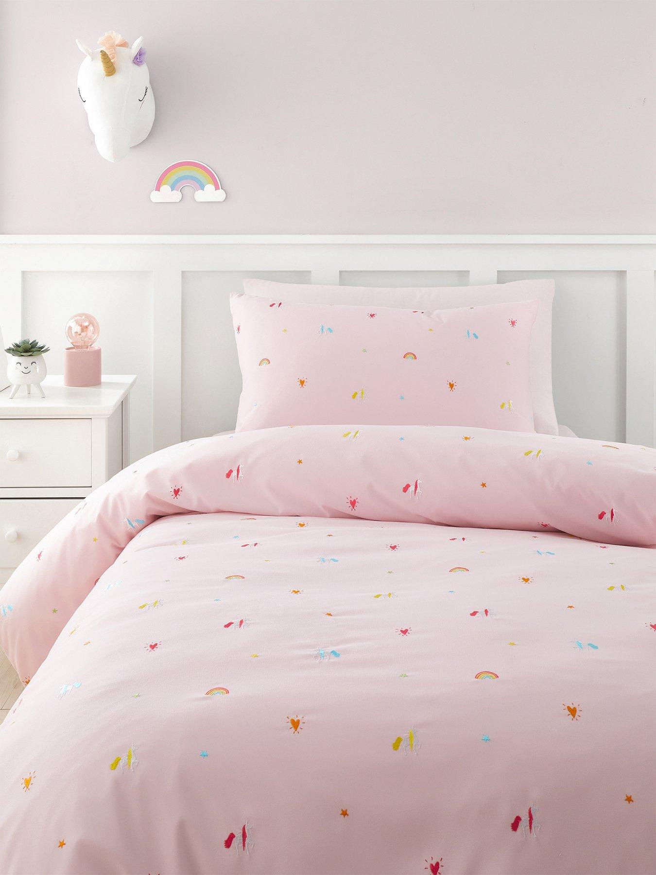 Product photograph of Catherine Lansfield Embroidered Unicorn And Rainbows Duvet Cover Set - Pink from very.co.uk