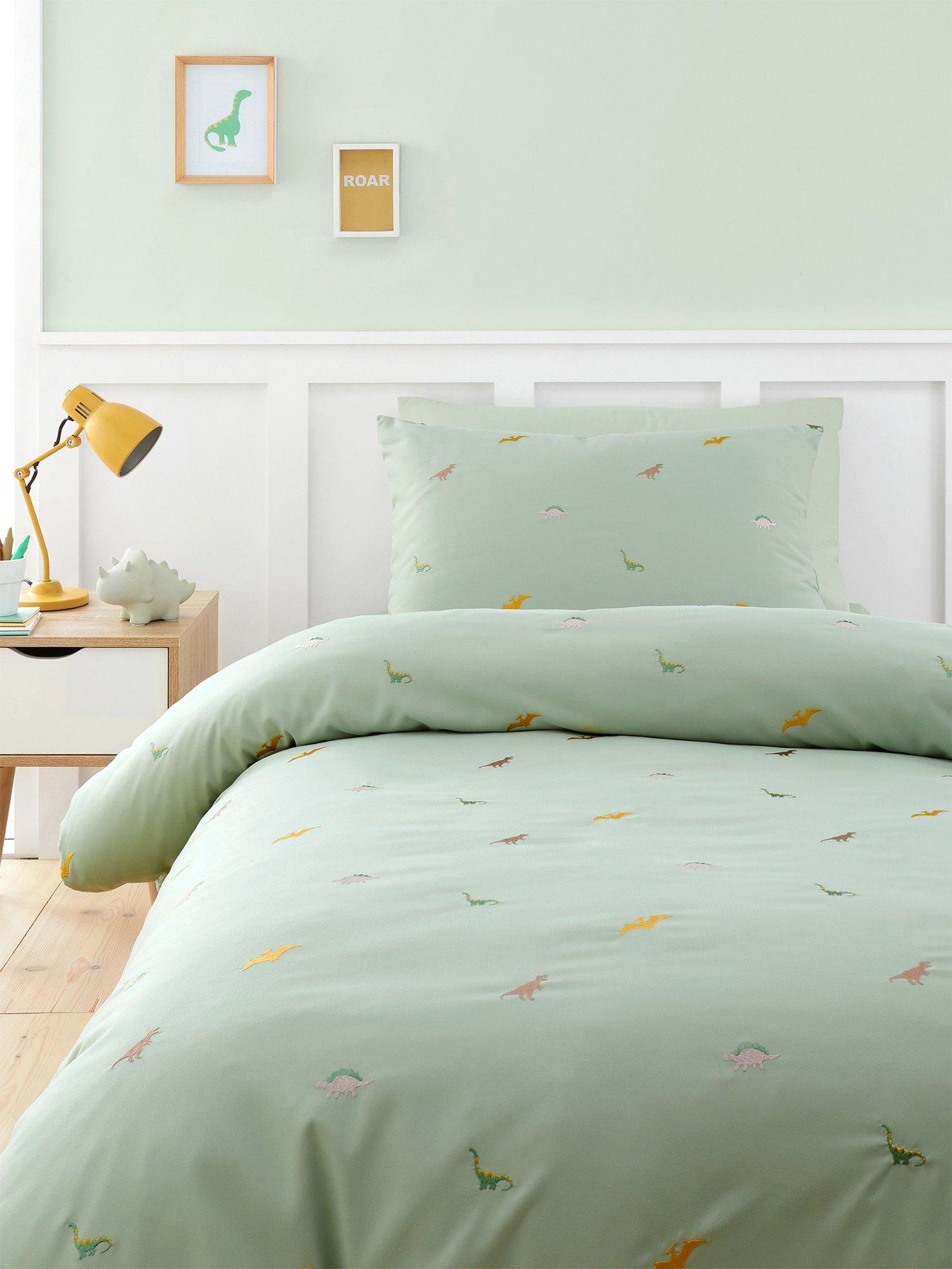 Product photograph of Catherine Lansfield Embroidered Dinosaur Duvet Cover Set - Green from very.co.uk