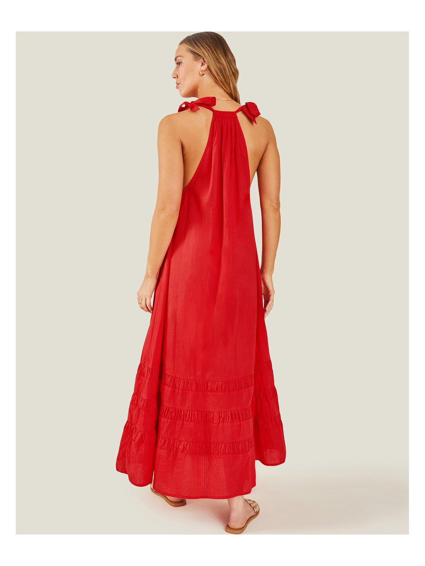 2544 Red Ruched Waist Maxi Dress