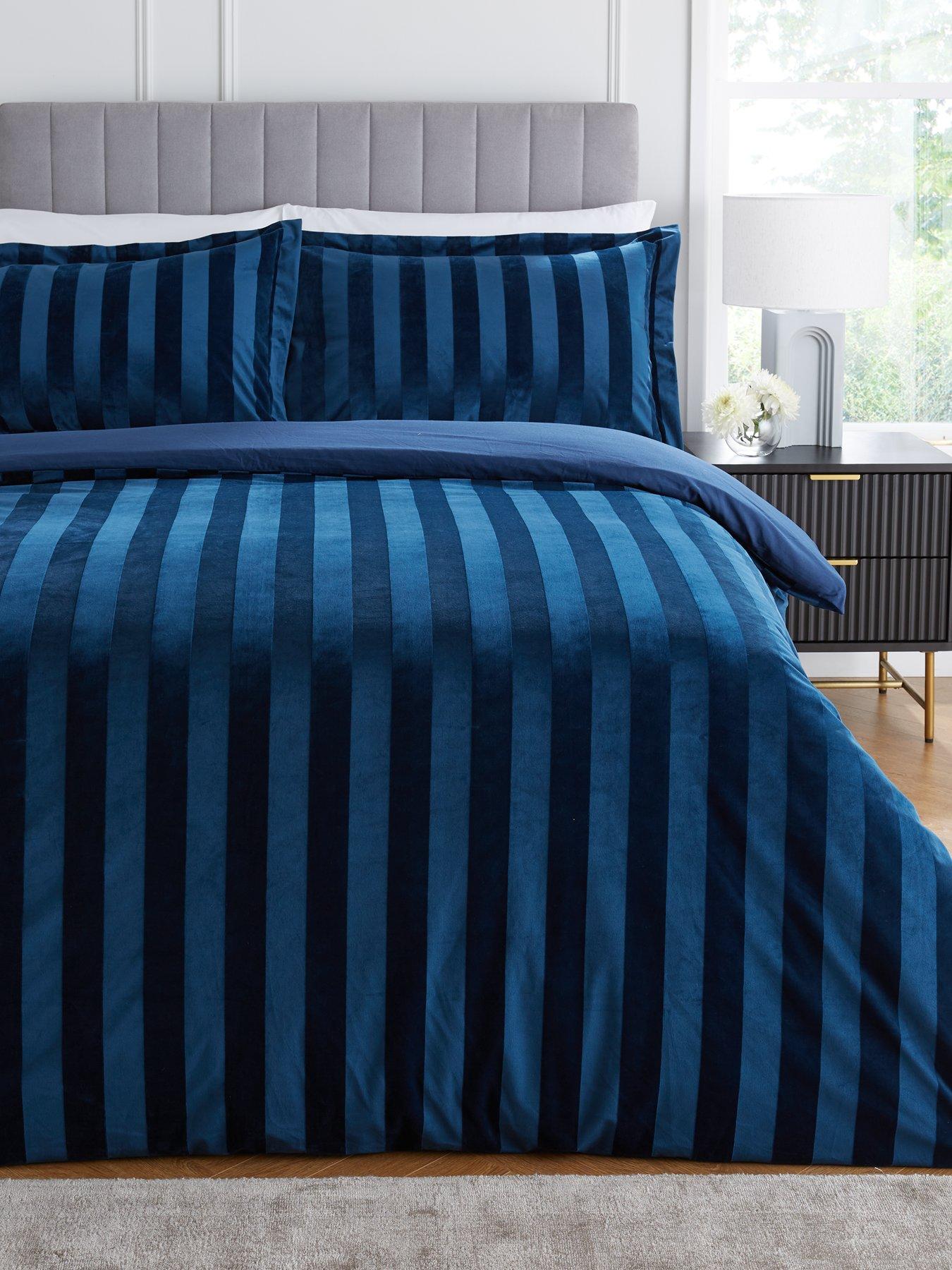 Product photograph of Very Home Luxe Velvet Stripe Duvet Cover Set In Navy from very.co.uk