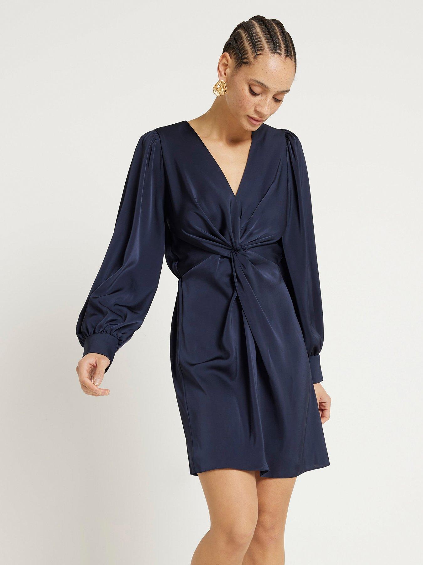 undefined V-Neck Twist Front Shirt Dress - Navy