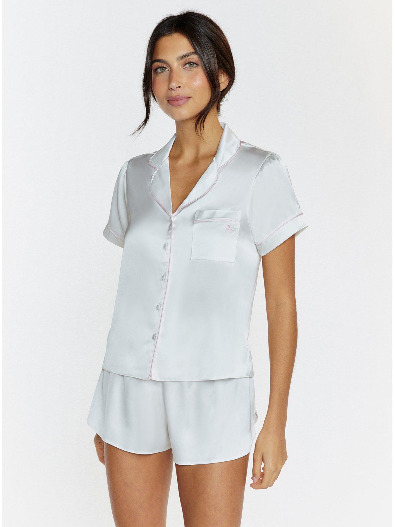 boux avenue short sleeved piped satin revere set - ivory mix, white, size 18, women