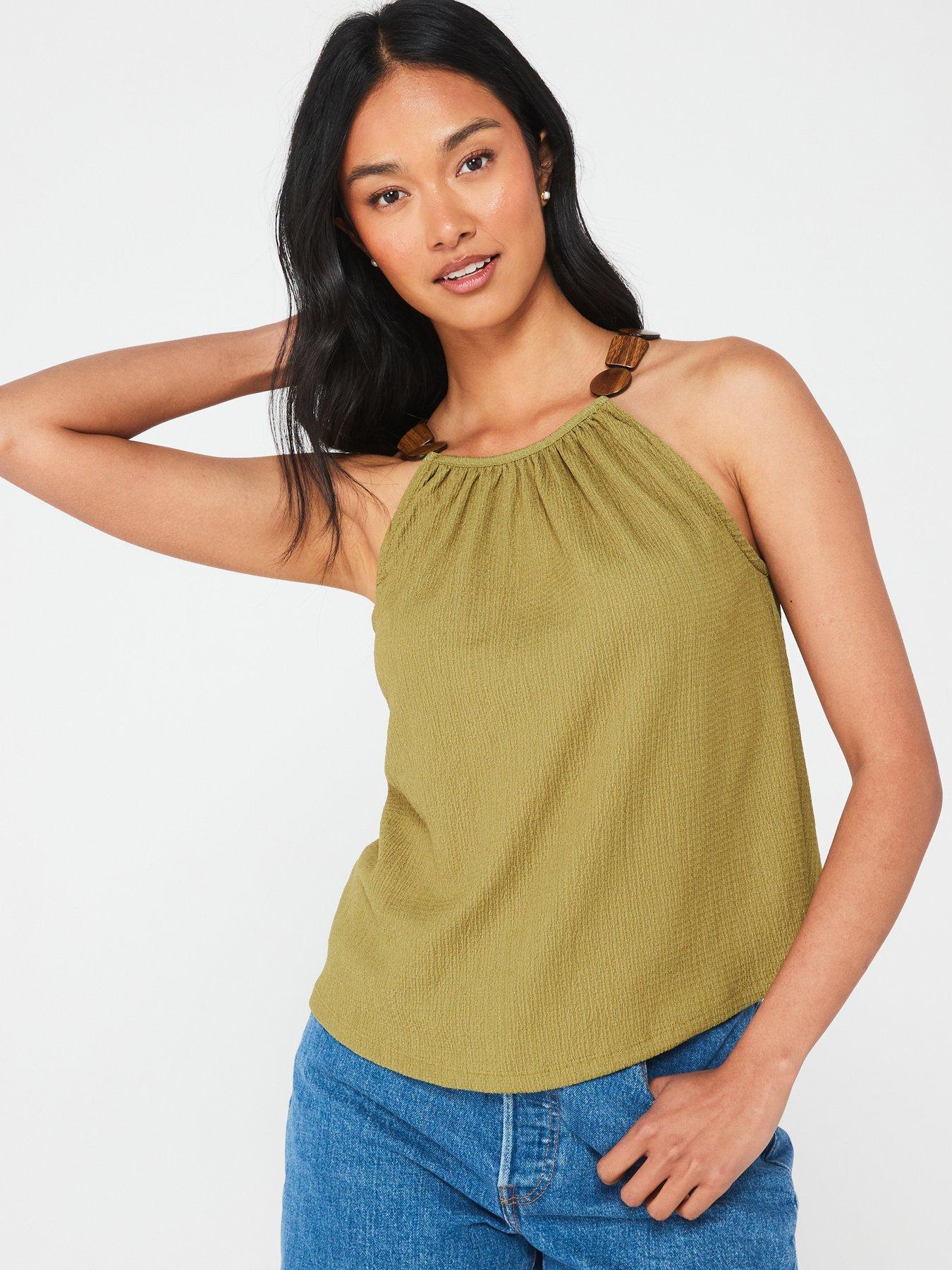 v by very bead trim crinkle vest - green