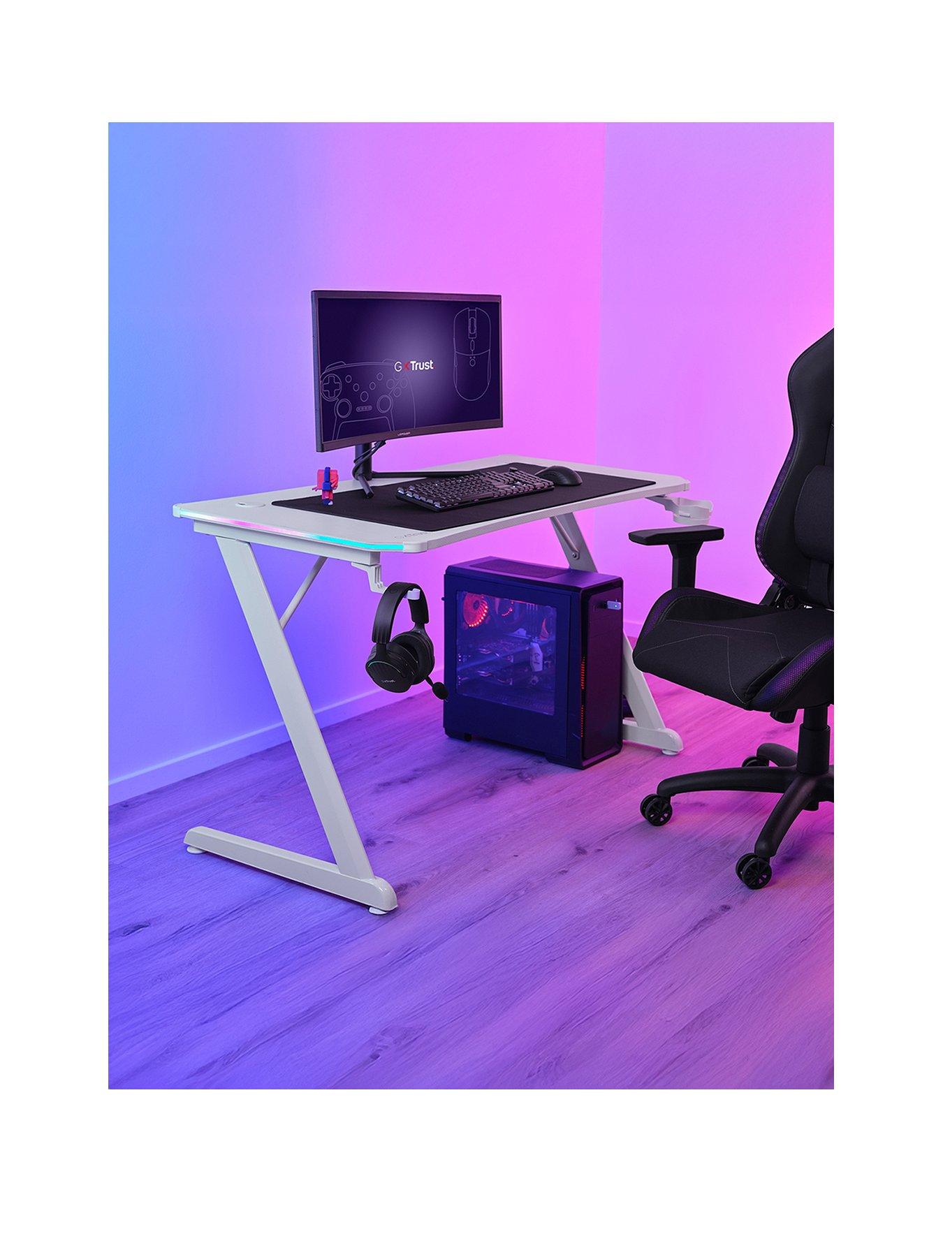 Trust GXT709W Luminus White Gaming Desk with Adjustable RGB LED Lighting