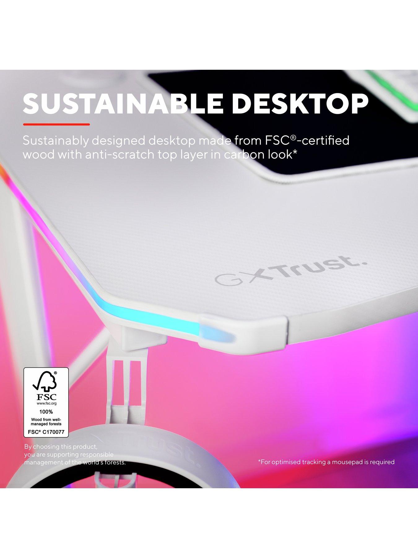 Bureau Gaming 120x60cm Trust GXT 709W Luminus - LED RGB 10 Modes - Support Casque, Porte-gobelet - Blanc - 8
