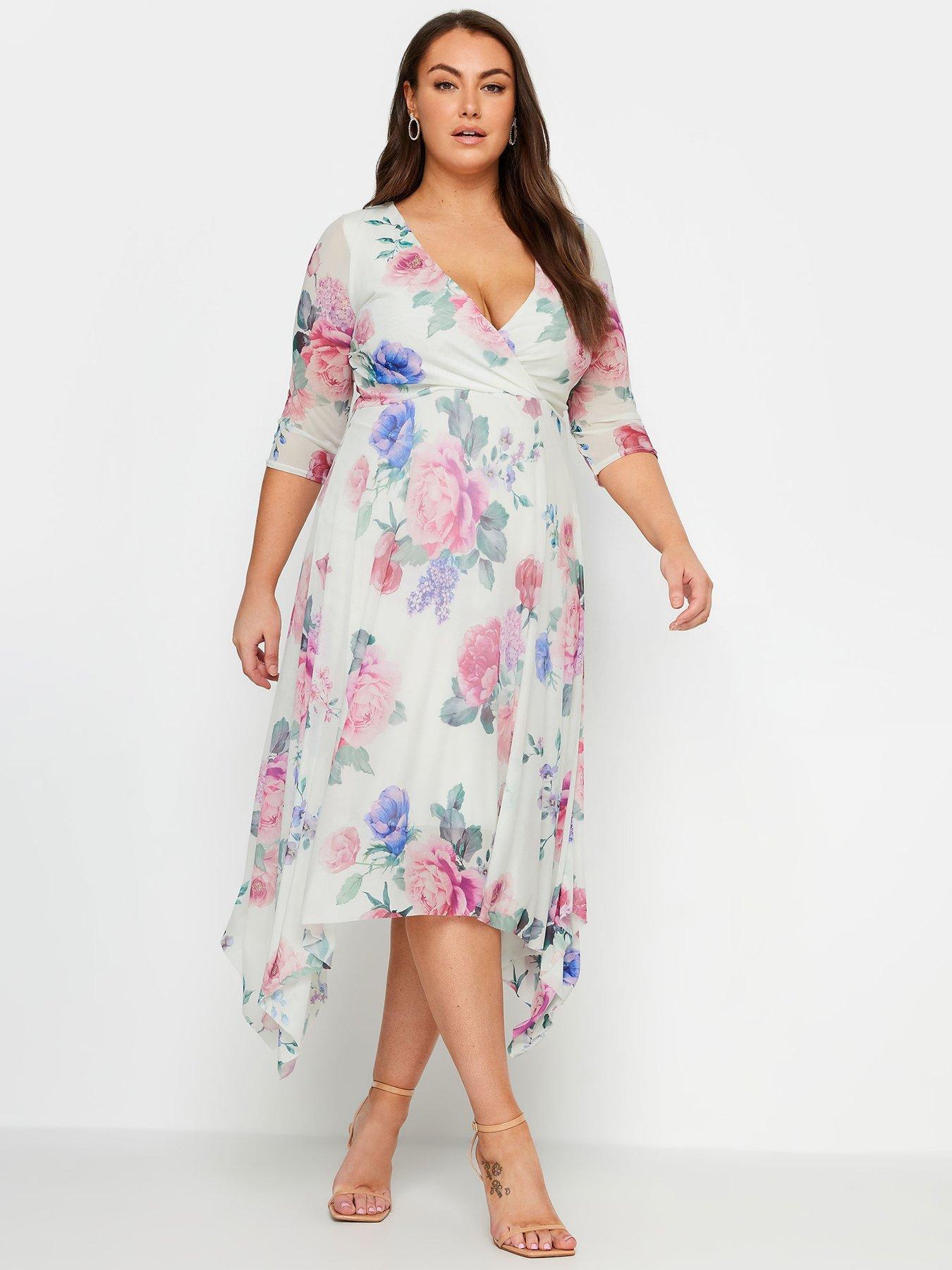 Yours Curve Floral Mesh Wrap Hanky Hem Dress White Very