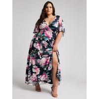 Yours Curve Floral Wrap Angle Sleeve Mesh Maxi Dress | Very.co.uk