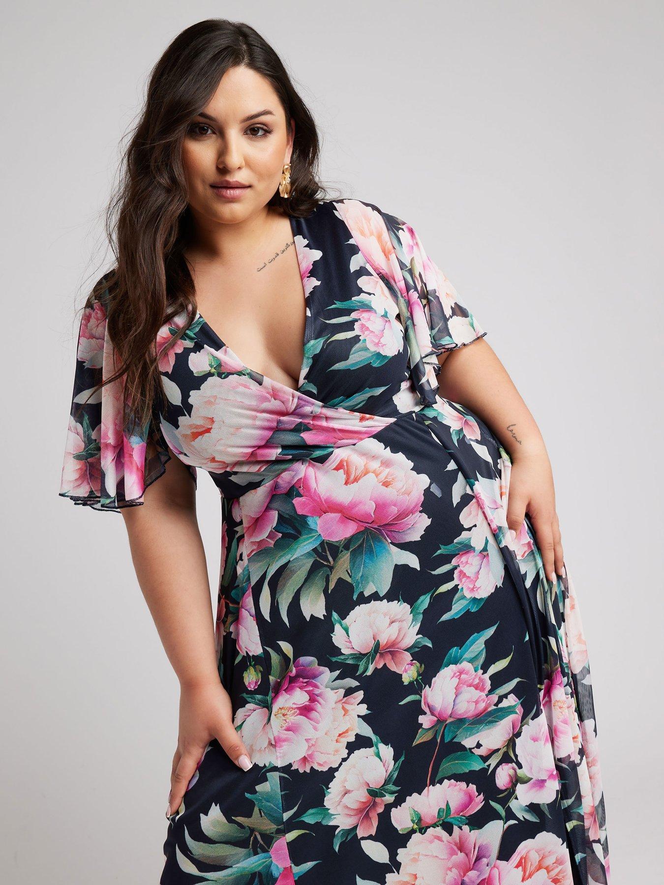 Yours Curve Floral Wrap Angle Sleeve Mesh Maxi Dress | Very.co.uk