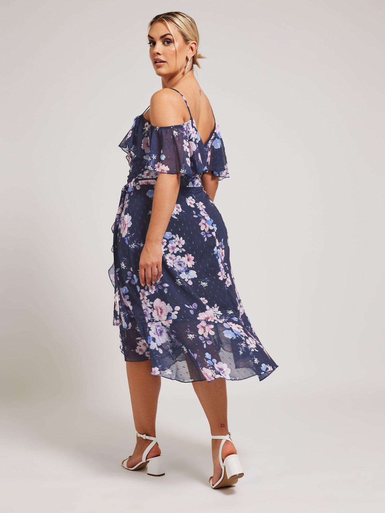 Yours Curve Floral Cold Shoulder Metallic Dobby Wrap Dress | Very.co.uk