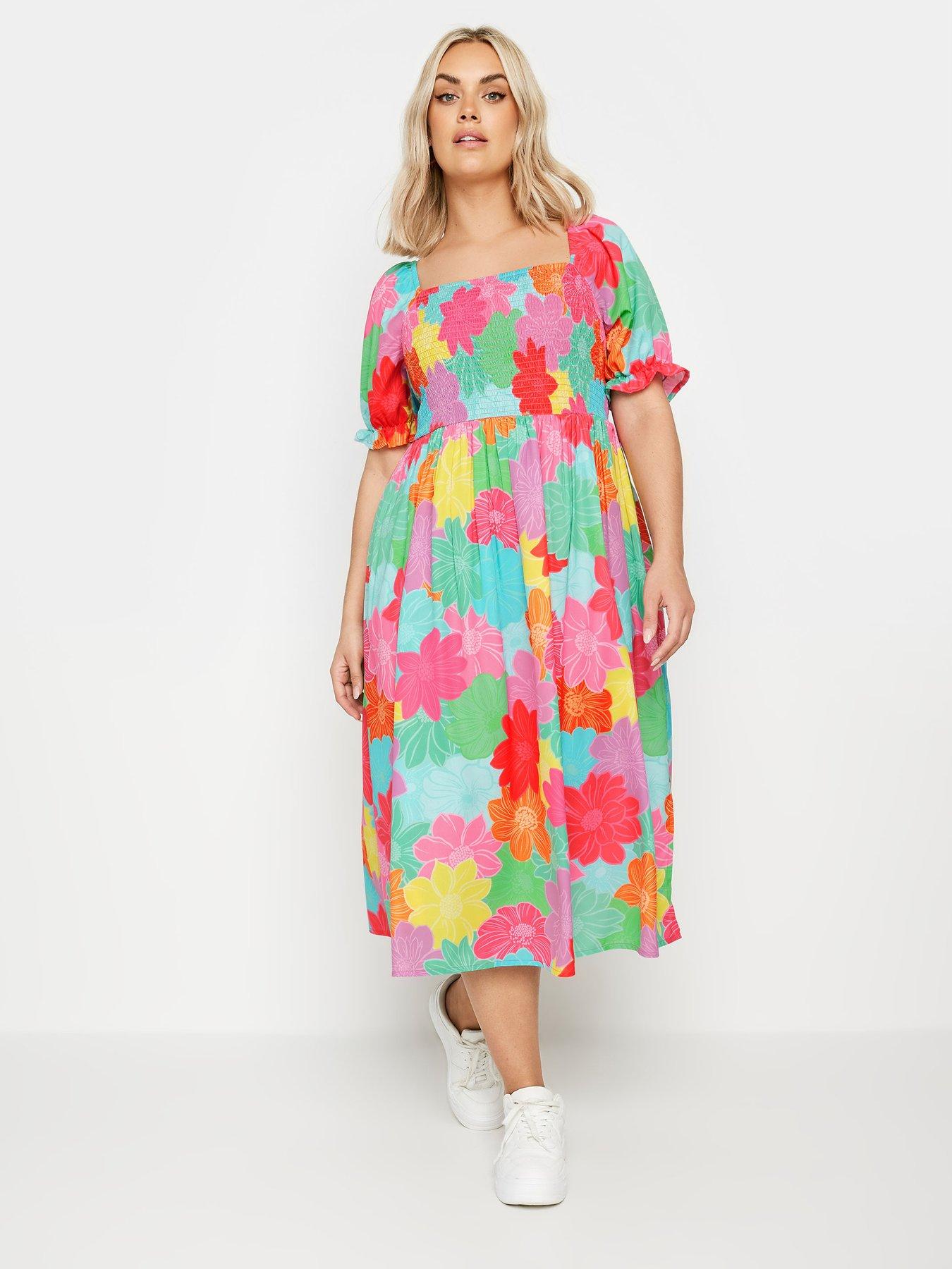 Yours Curve Ss Shirred Square Neck Midaxi Dress Bright Pop - Pink ...