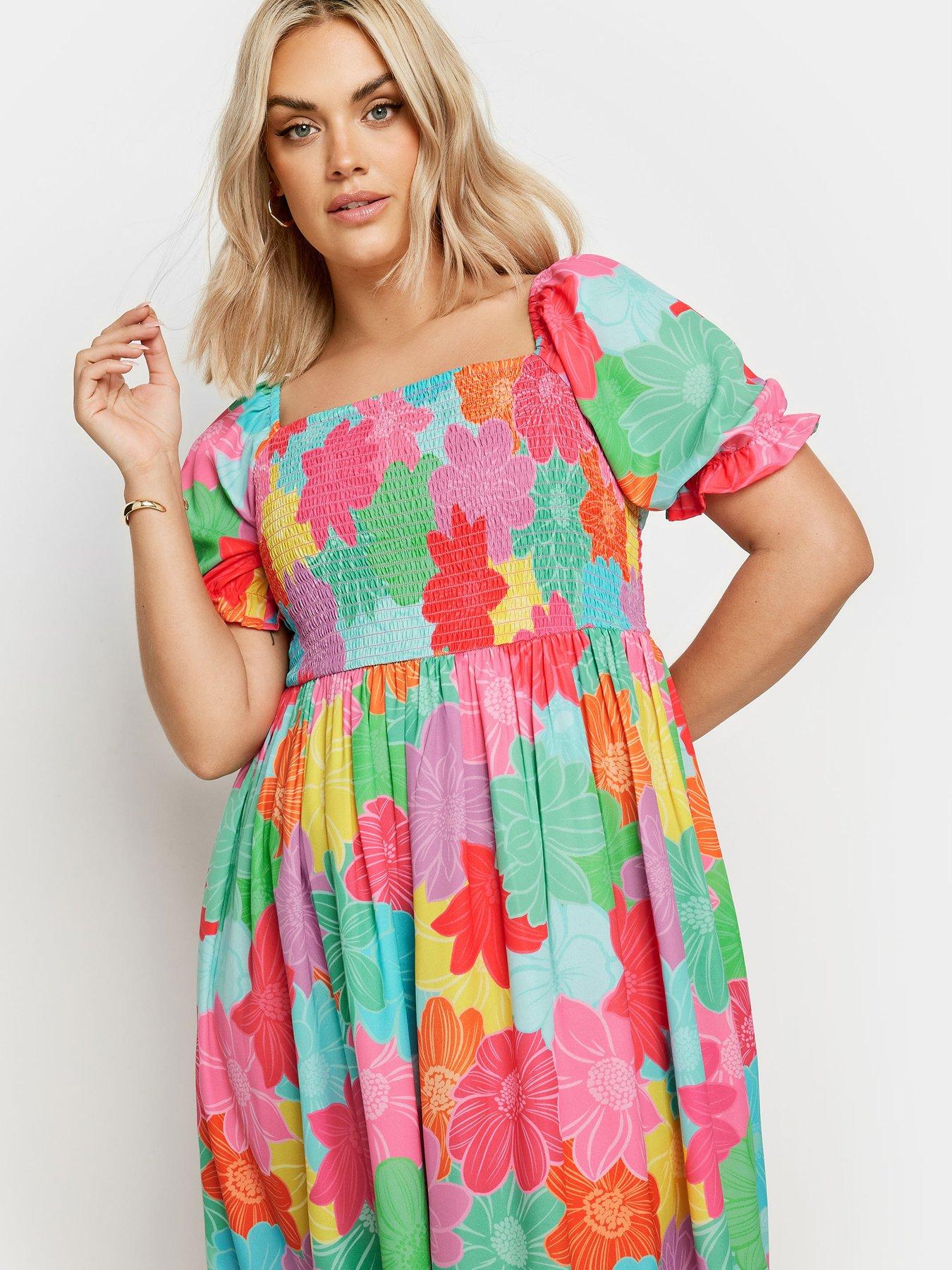 Yours Curve Ss Shirred Square Neck Midaxi Dress Bright Pop - Pink ...