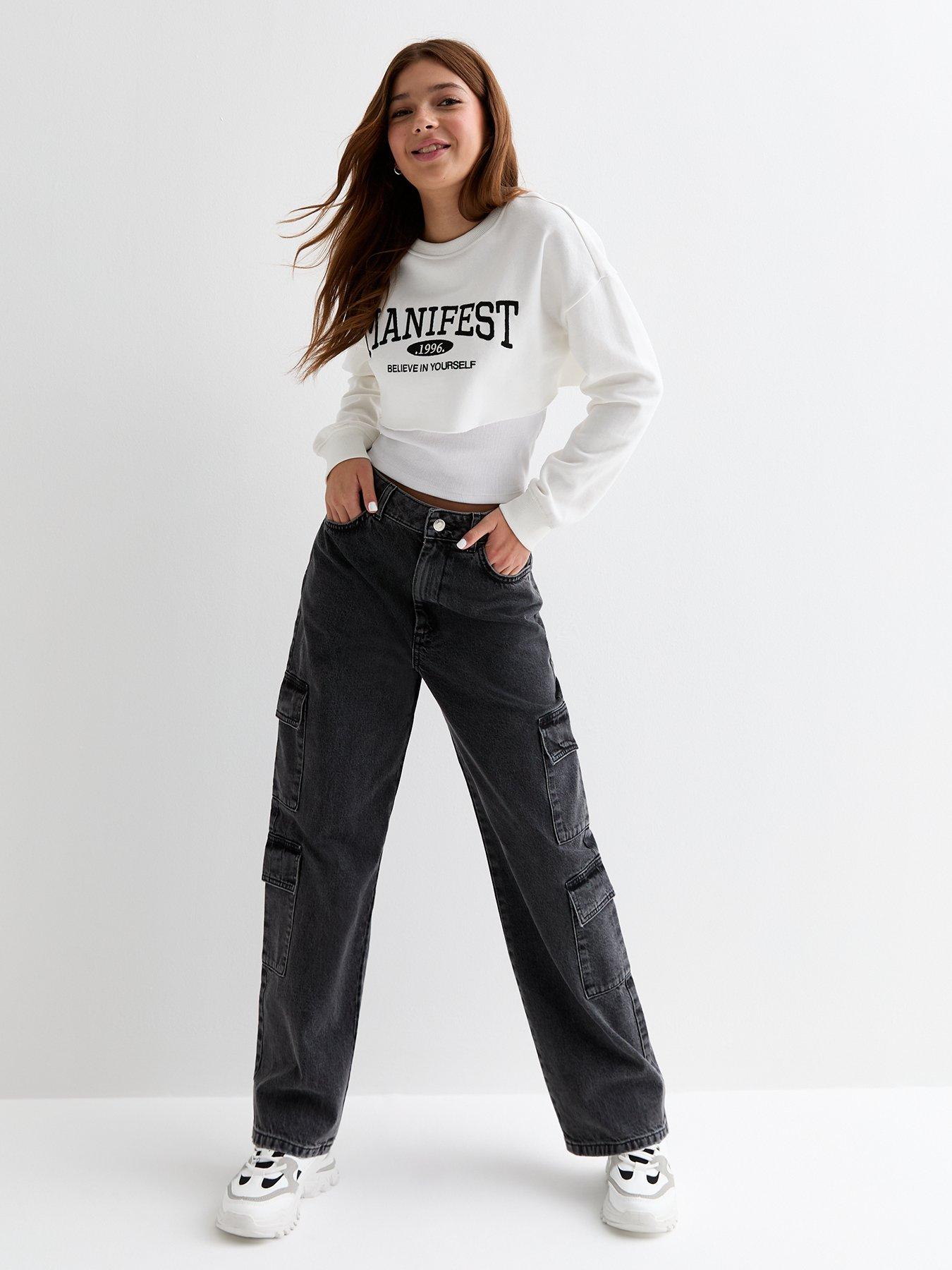 Girls Black High Waist Wide Leg Cargo Jeans