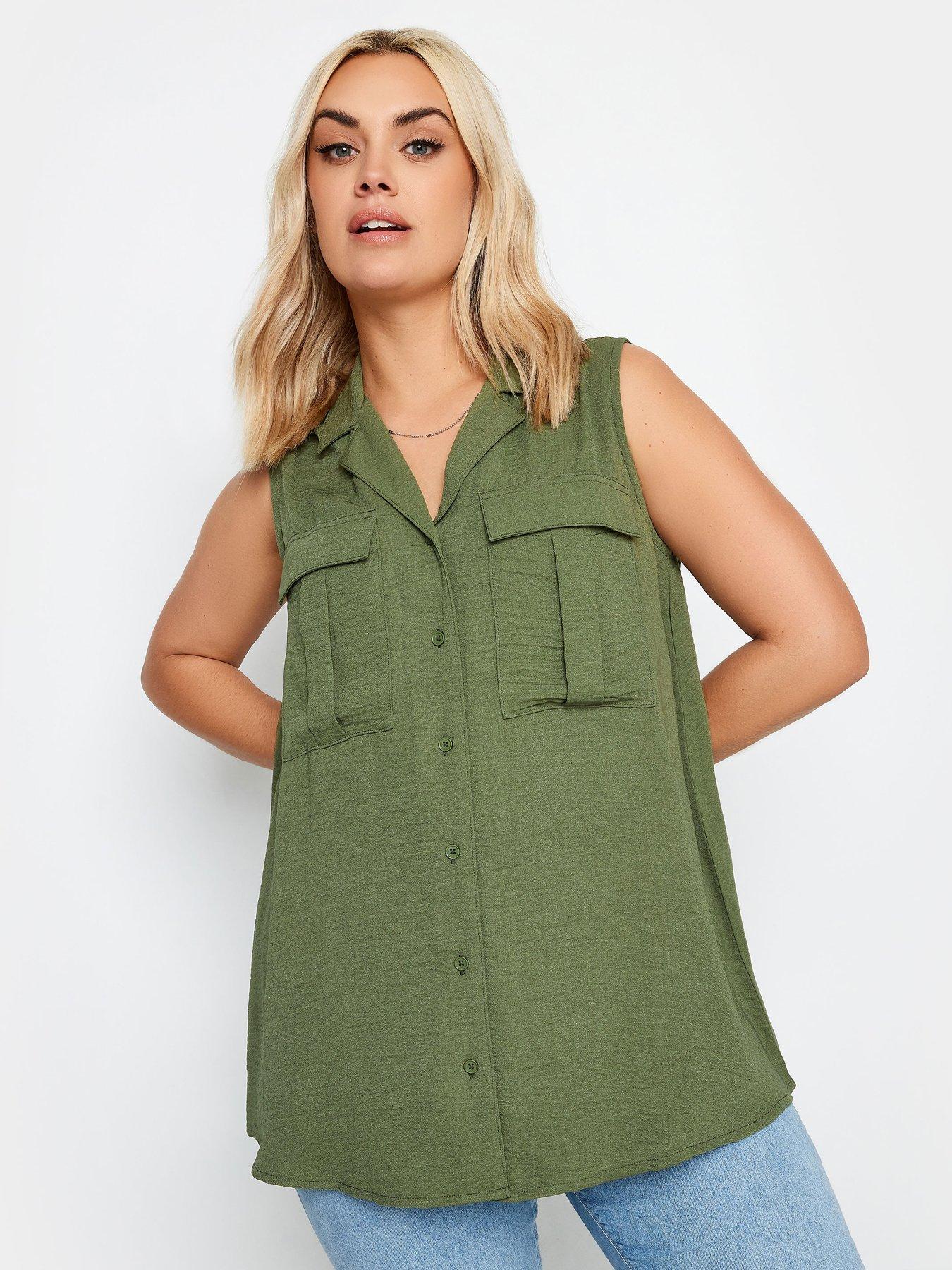 Image 1 of 4 of Yours Curve Sleeveless Utility Shirt Khaki