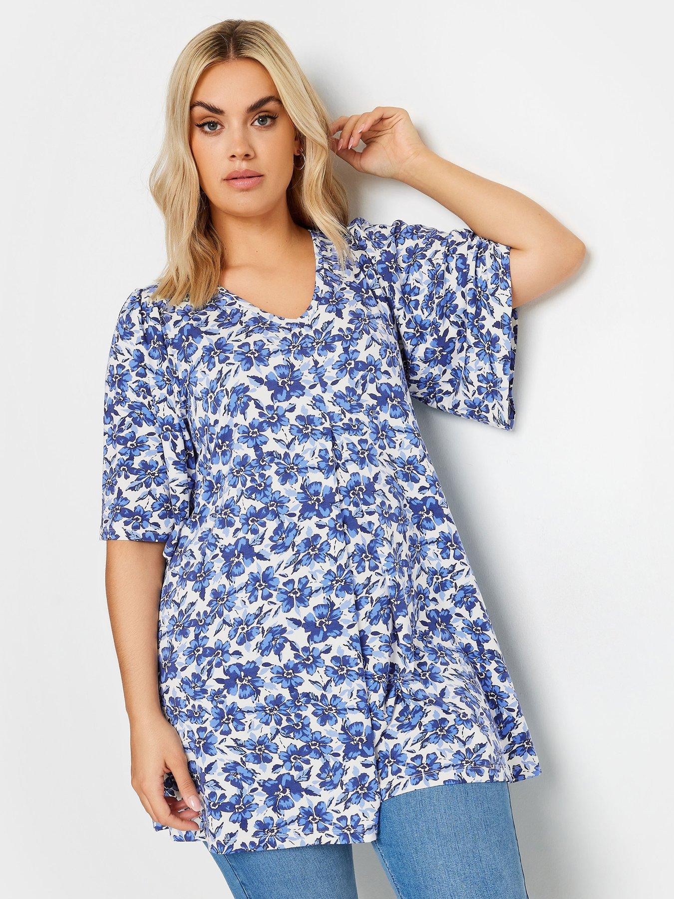 YOURS Plus Size Curve Blue Floral Bell Sleeve Blouse
