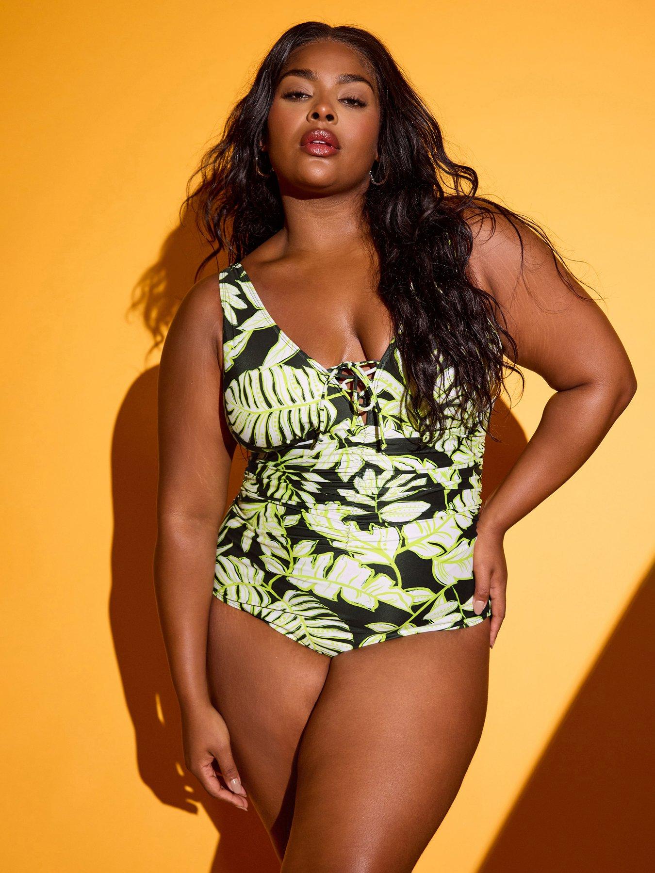 Curve Graphic Leaf Plunge Swimsuit Black