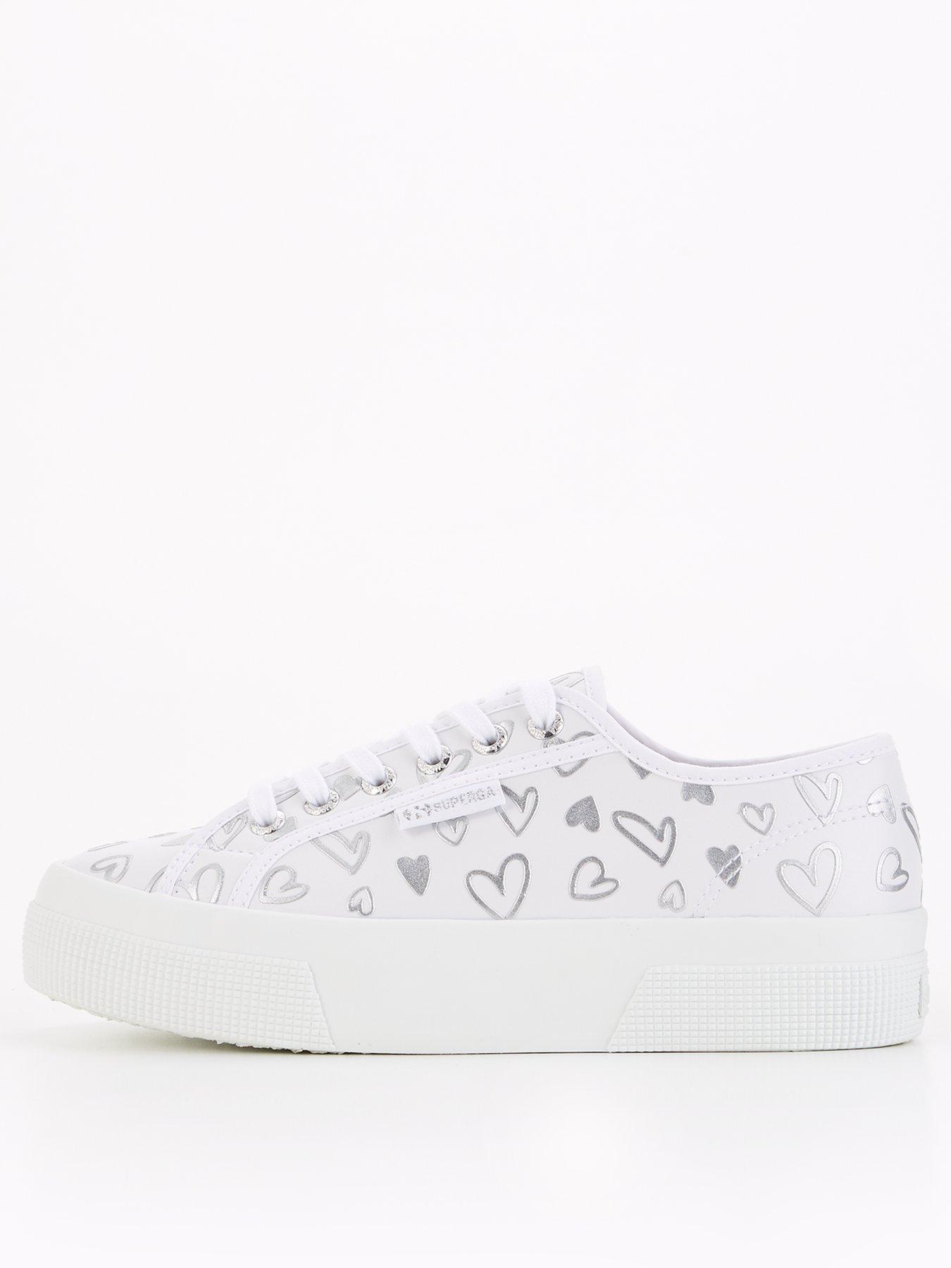 undefined 2740 Faux Leather Hearts Print Plimsoll - White Silver Hearts