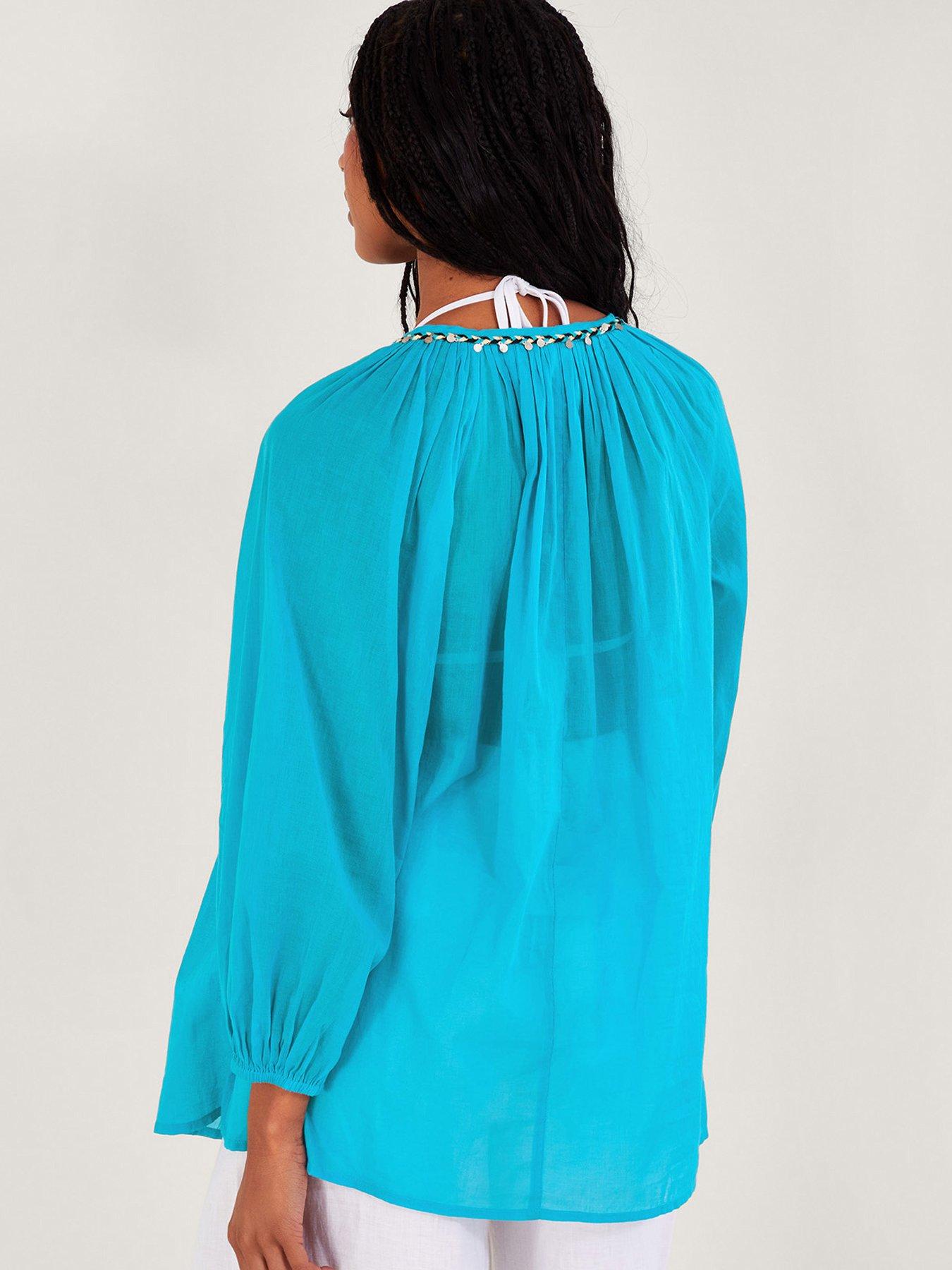 Monsoon Amy Tie Neck Top Blue