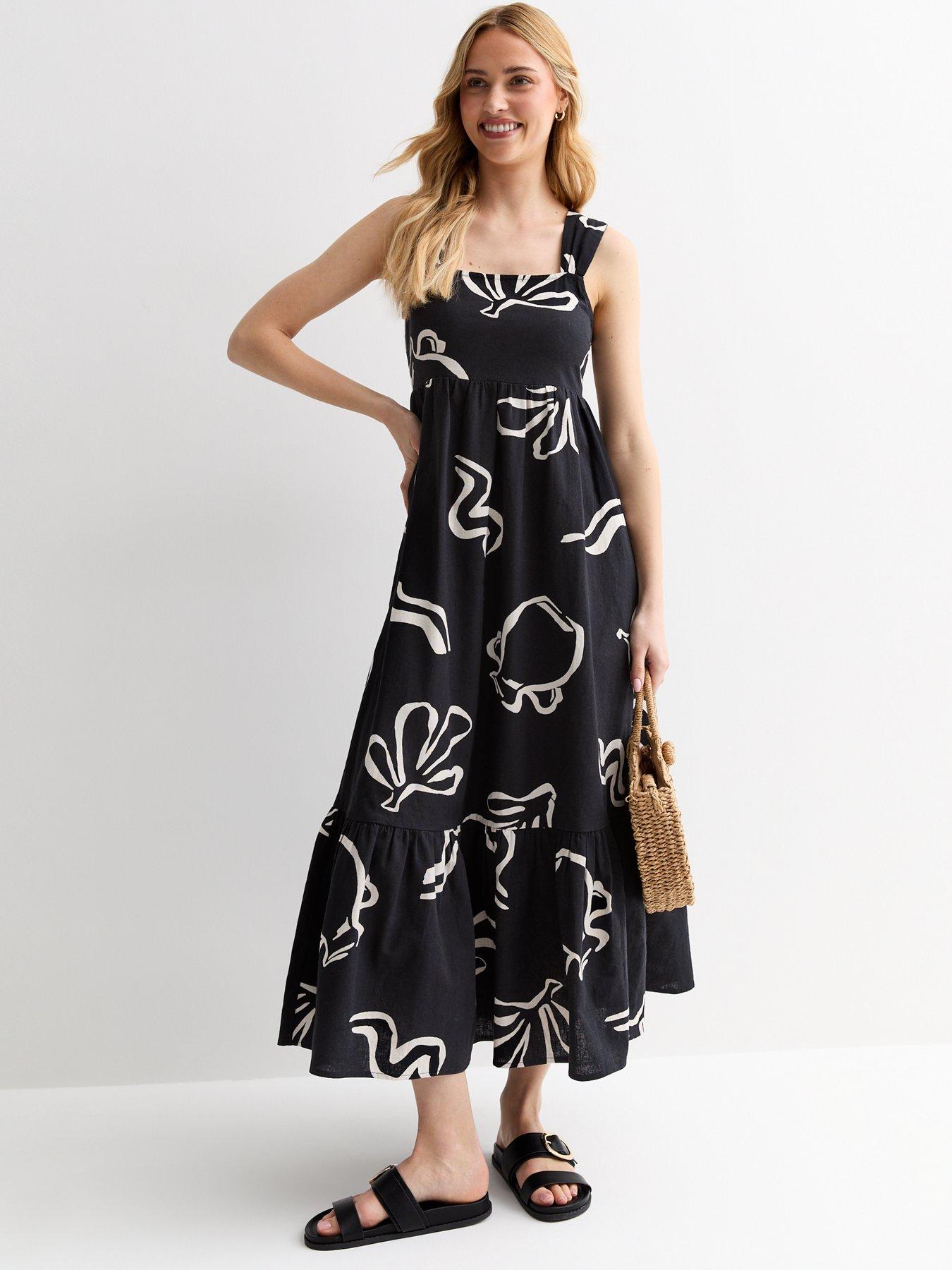 new look black graphic print square neck tiered midi dress, print, size 12, women