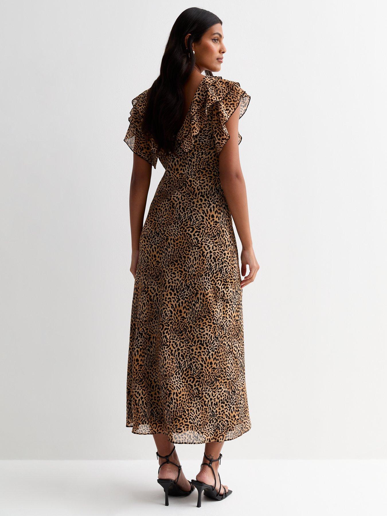 New Look Brown Animal Print Ruffle Midi Dress | Very.co.uk