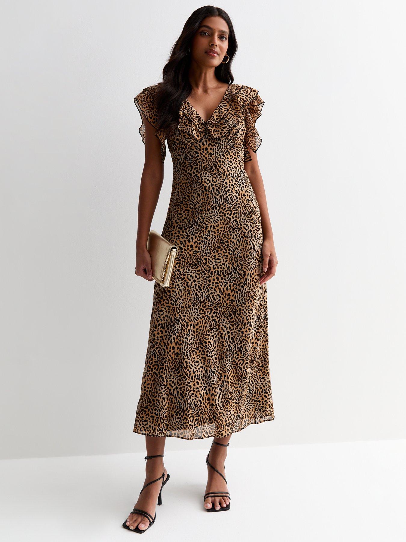 New Look Brown Animal Print Ruffle Midi Dress | Very.co.uk