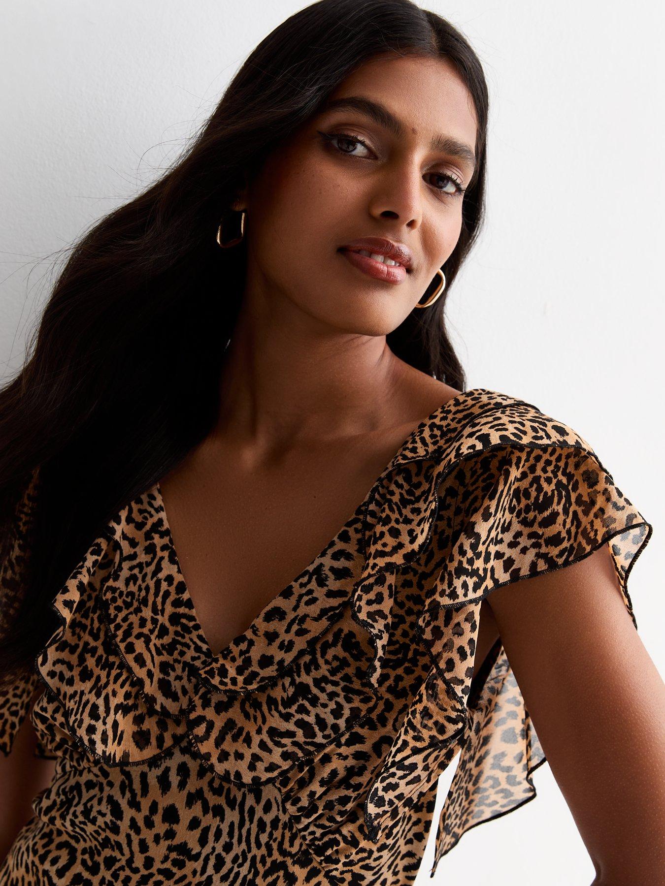 New Look Brown Animal Print Ruffle Midi Dress | Very.co.uk