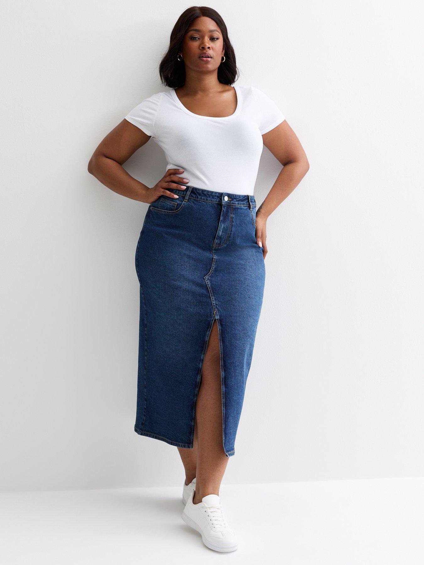 Curves Blue Denim Midi Skirt