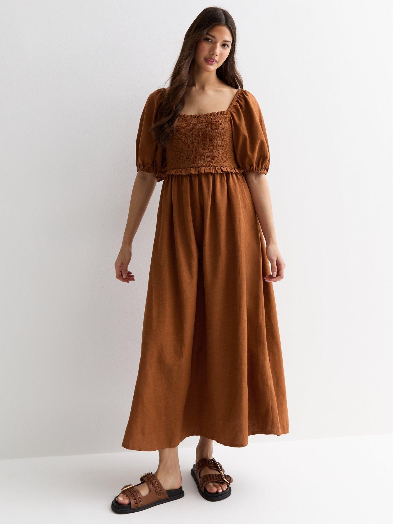 New Look Rust Square Neck Shirred Midi Dress Very