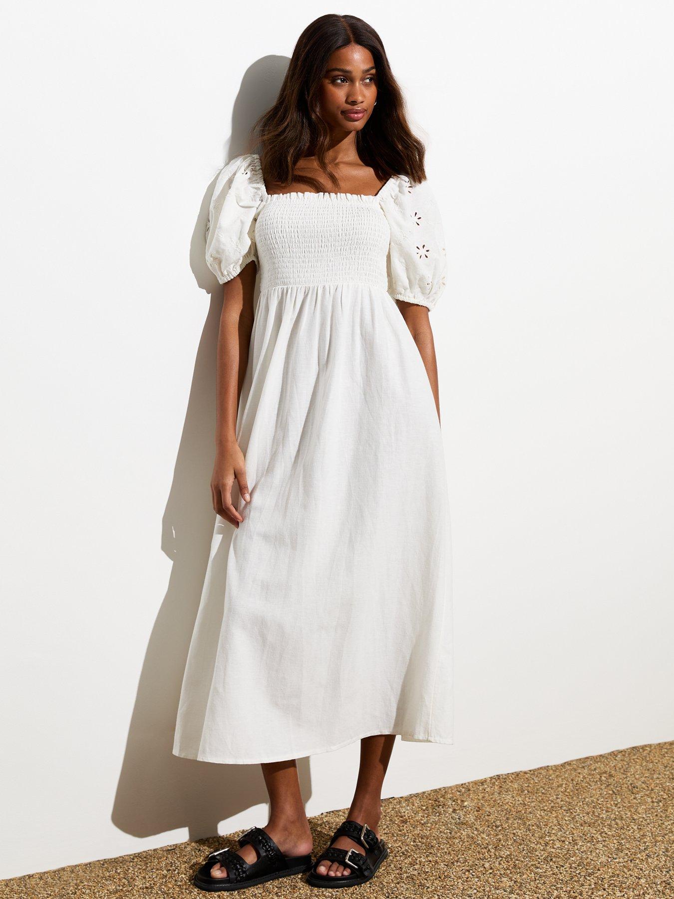 New Look White Square Neck Broderie Puff Sleeve Midi Dress Very