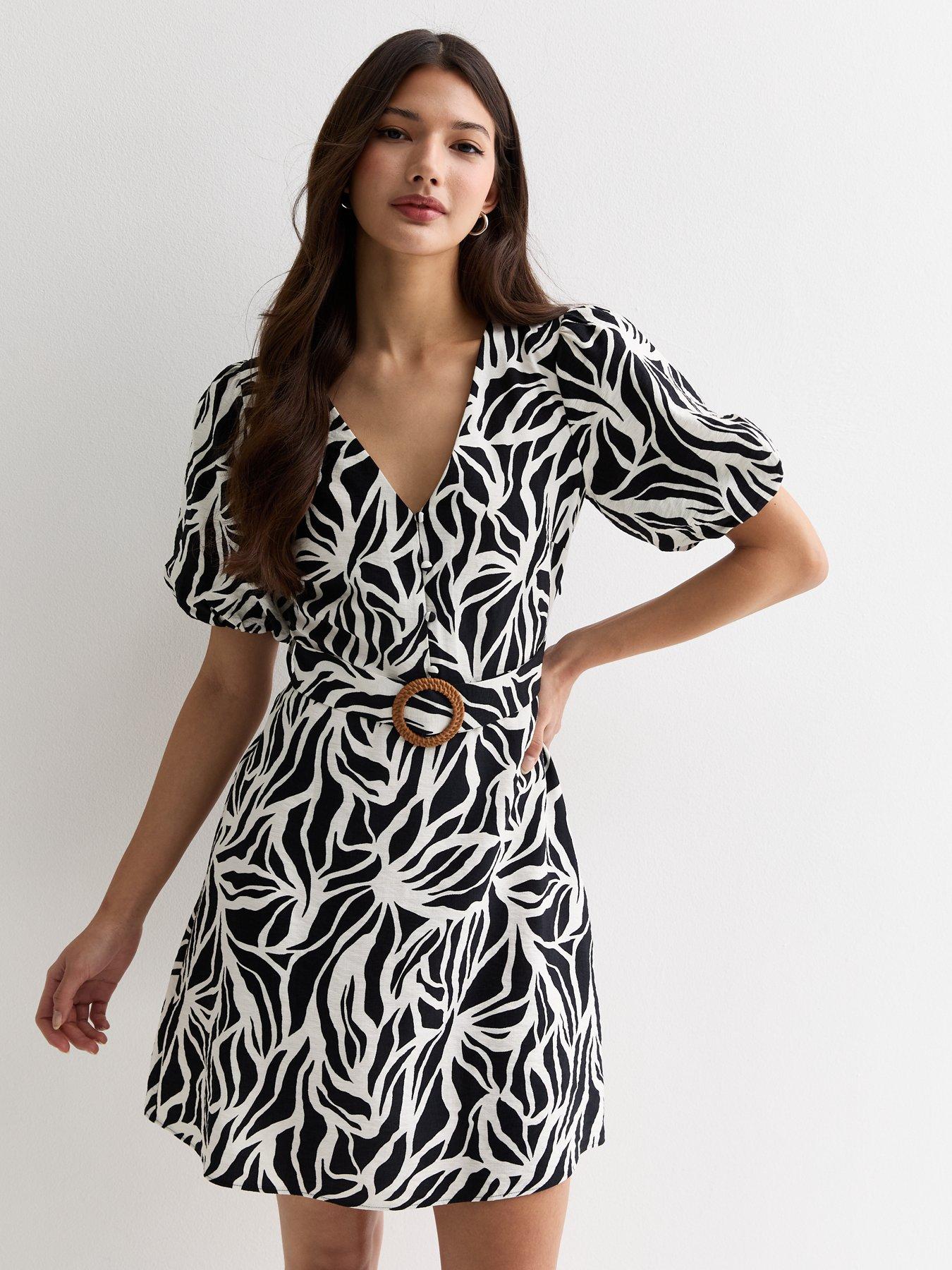 New Look Black Abstract Print Belted Mini Dress | Very.co.uk