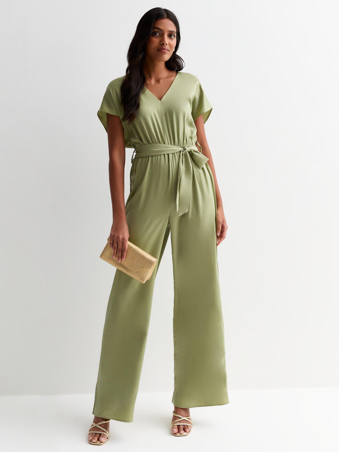 New Look Green Satin Short Sleeve Belted Wide Leg Jumpsuit Very