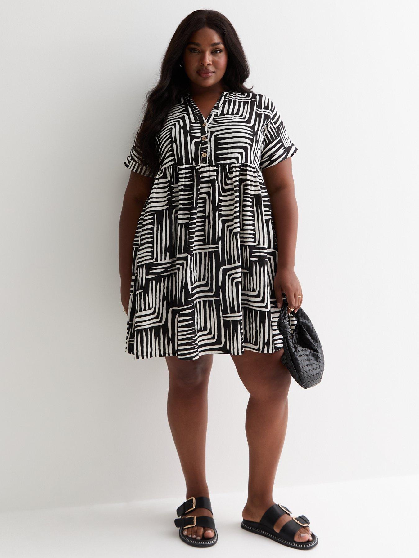 new look curves black abstract print short sleeve mini smock dress