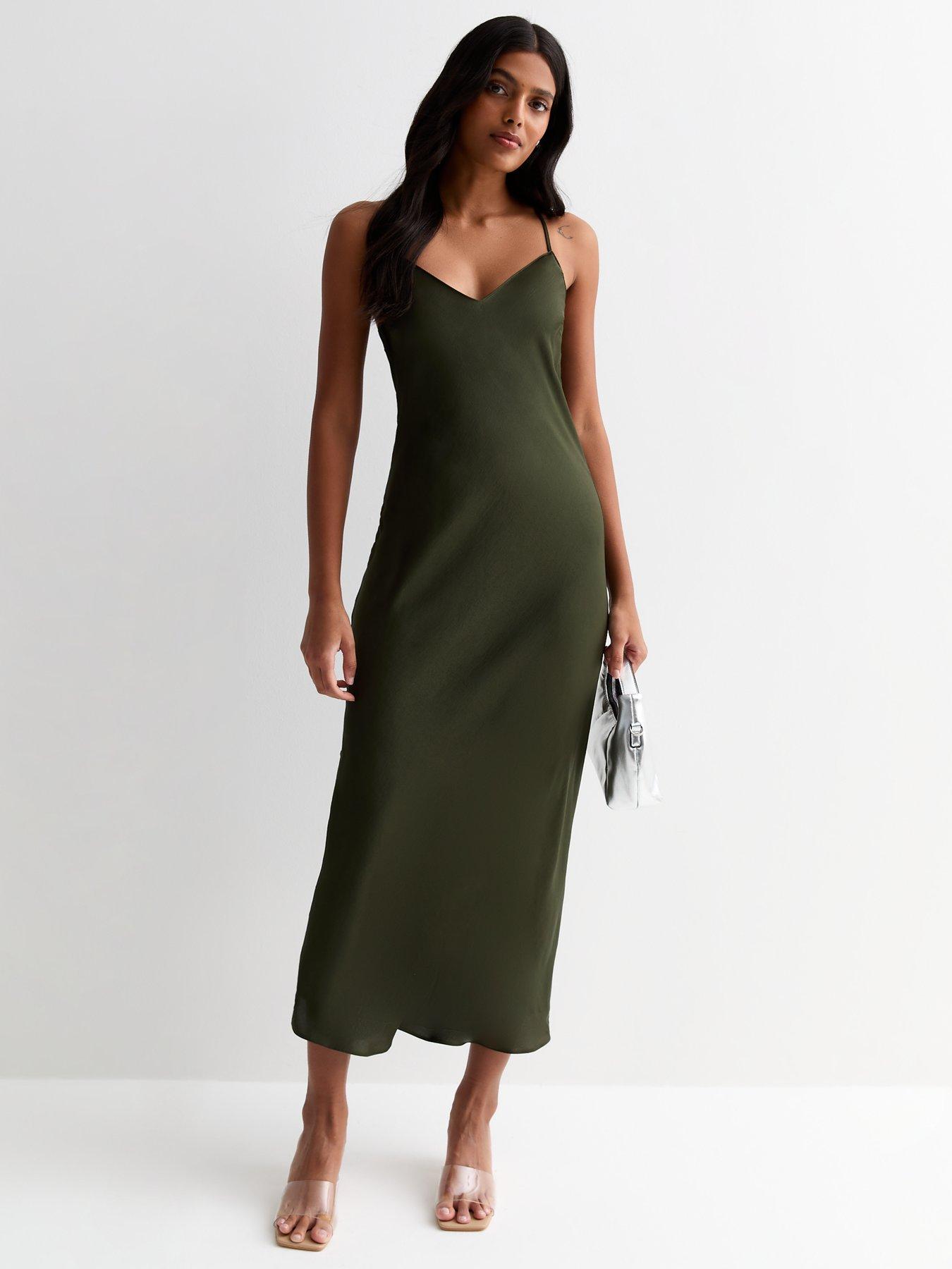 Khaki satin midi dress 2025
