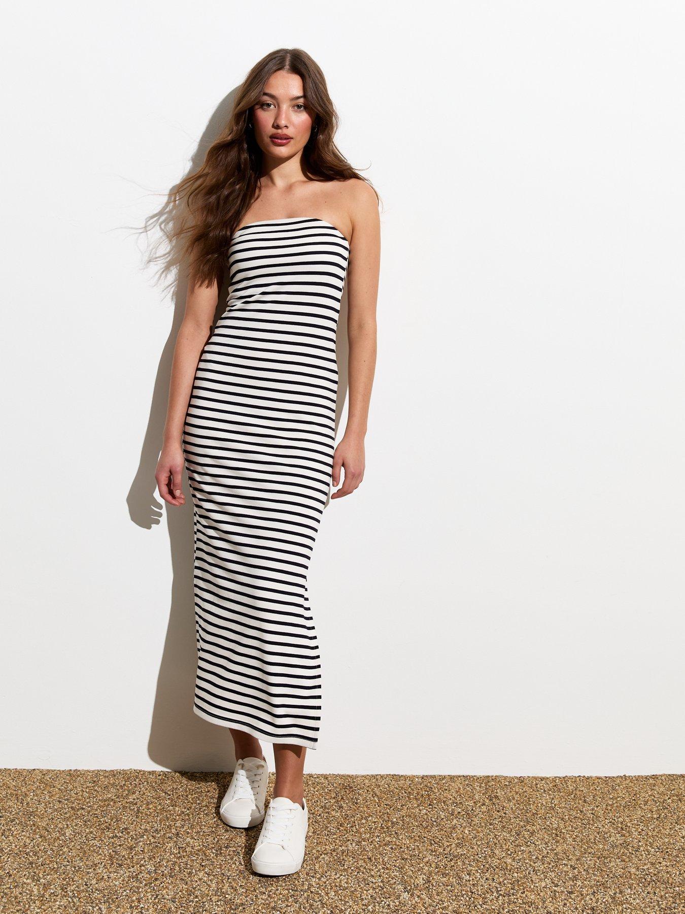 Striped Bandeau Midi Dress White Black