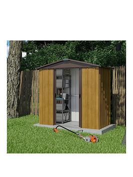 Product photograph of Yardmaster 6 X 4 5 Ft Woodgrain Effect Apex Roof Metal Shed With Floor Frame from very.co.uk