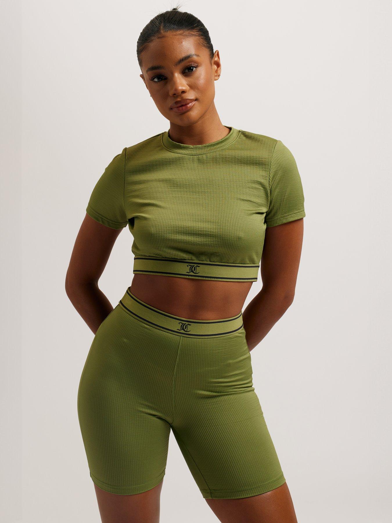 Women Green Rib Front Zipper Short Sleeve Top